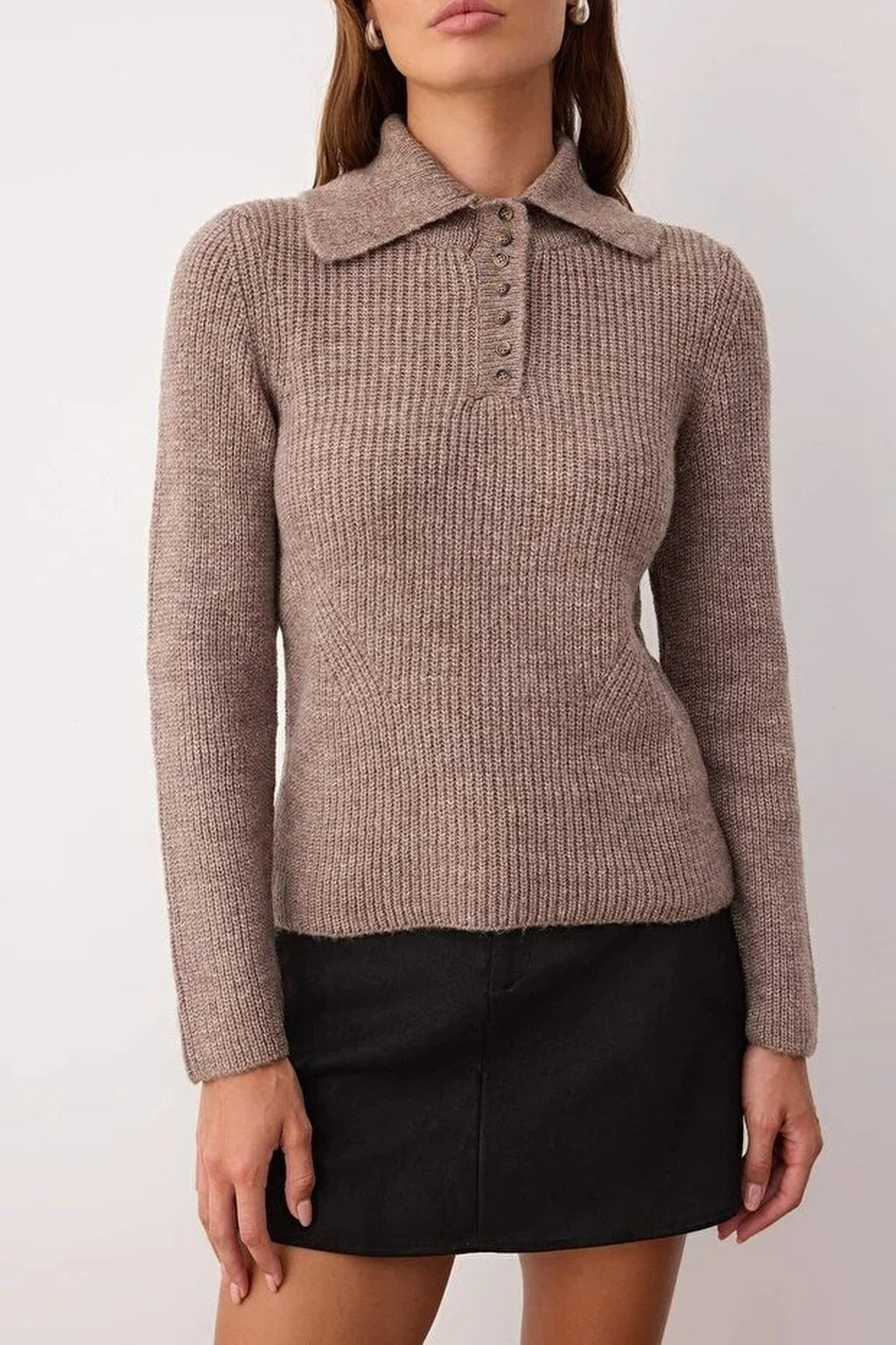 Soft Textured Buttoned Polo Collar Knit Sweater