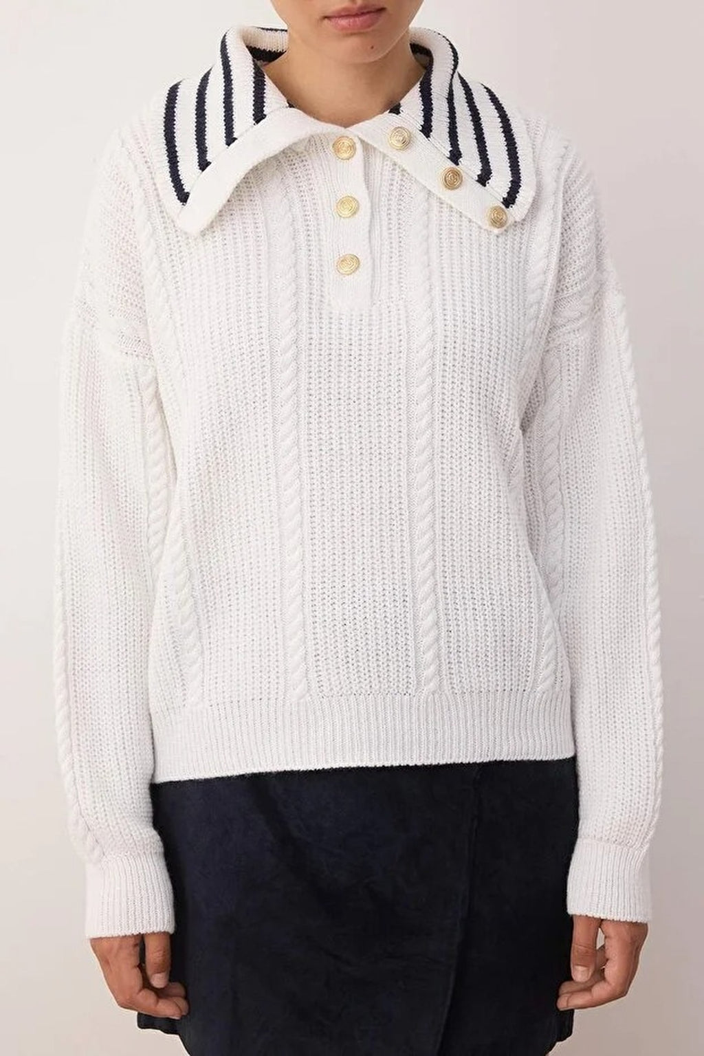 Braided Wide Fit Turn-Down Neck Knit Sweater
