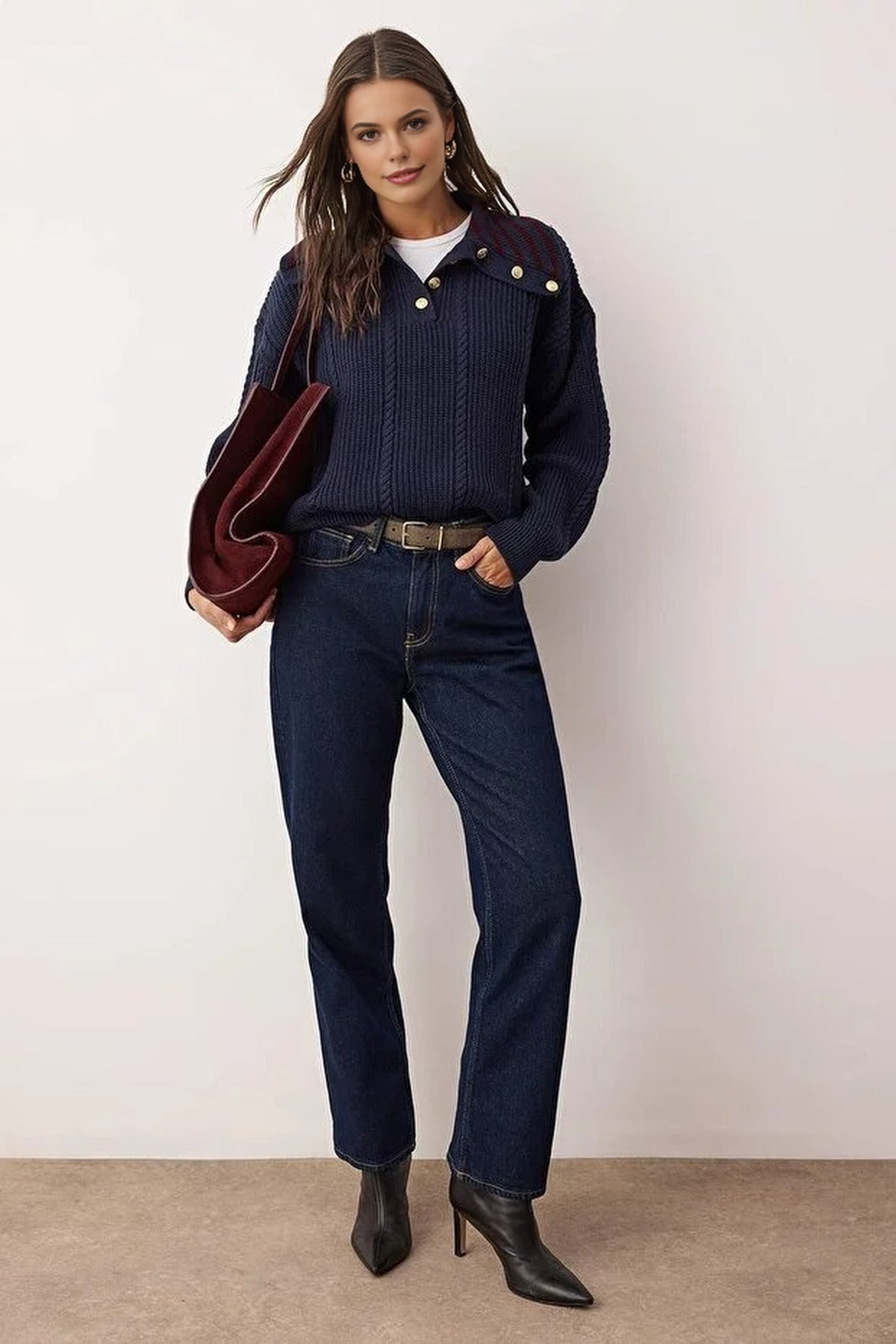 Braided Wide Fit Turn-Down Neck Knit Sweater