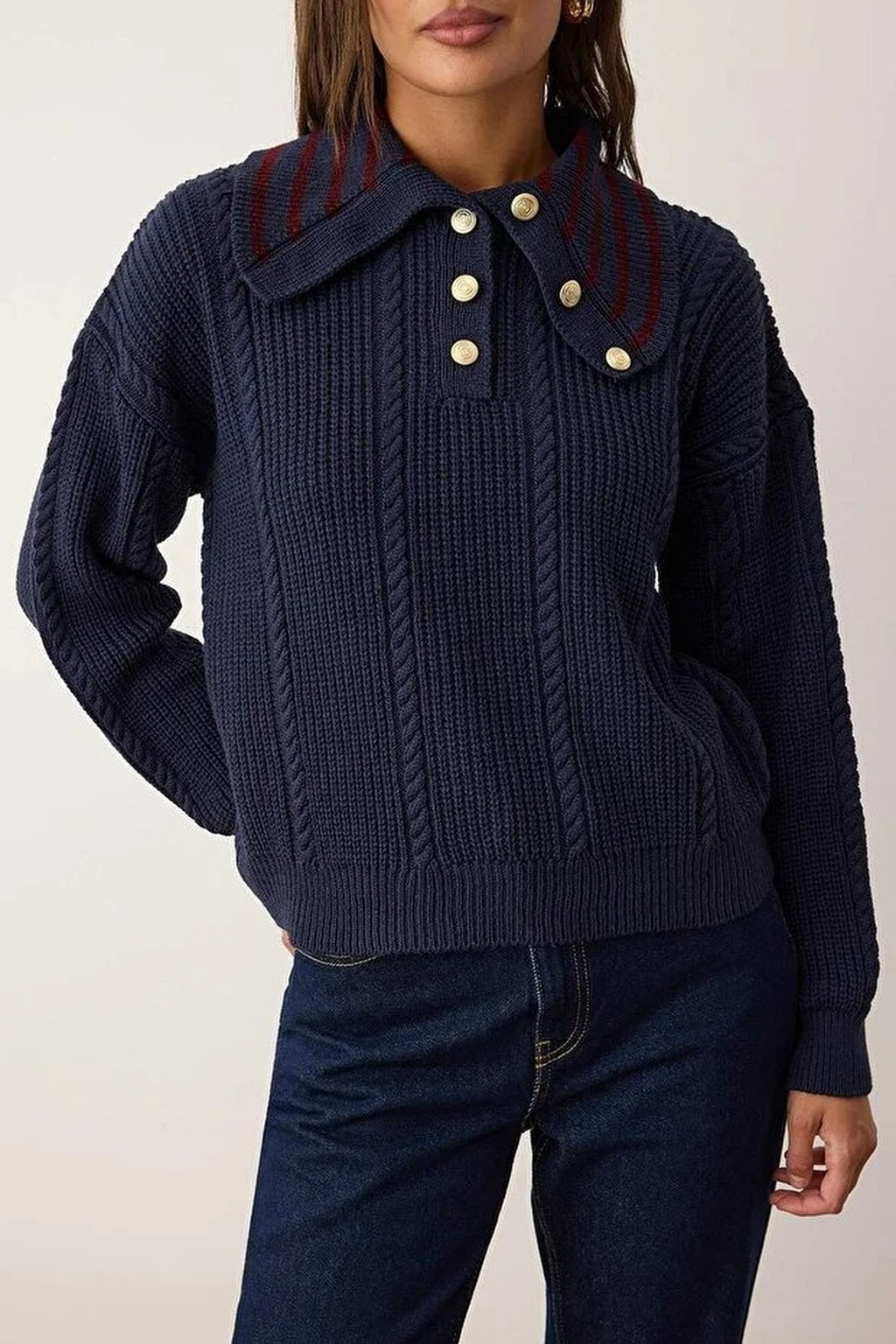 Braided Wide Fit Turn-Down Neck Knit Sweater