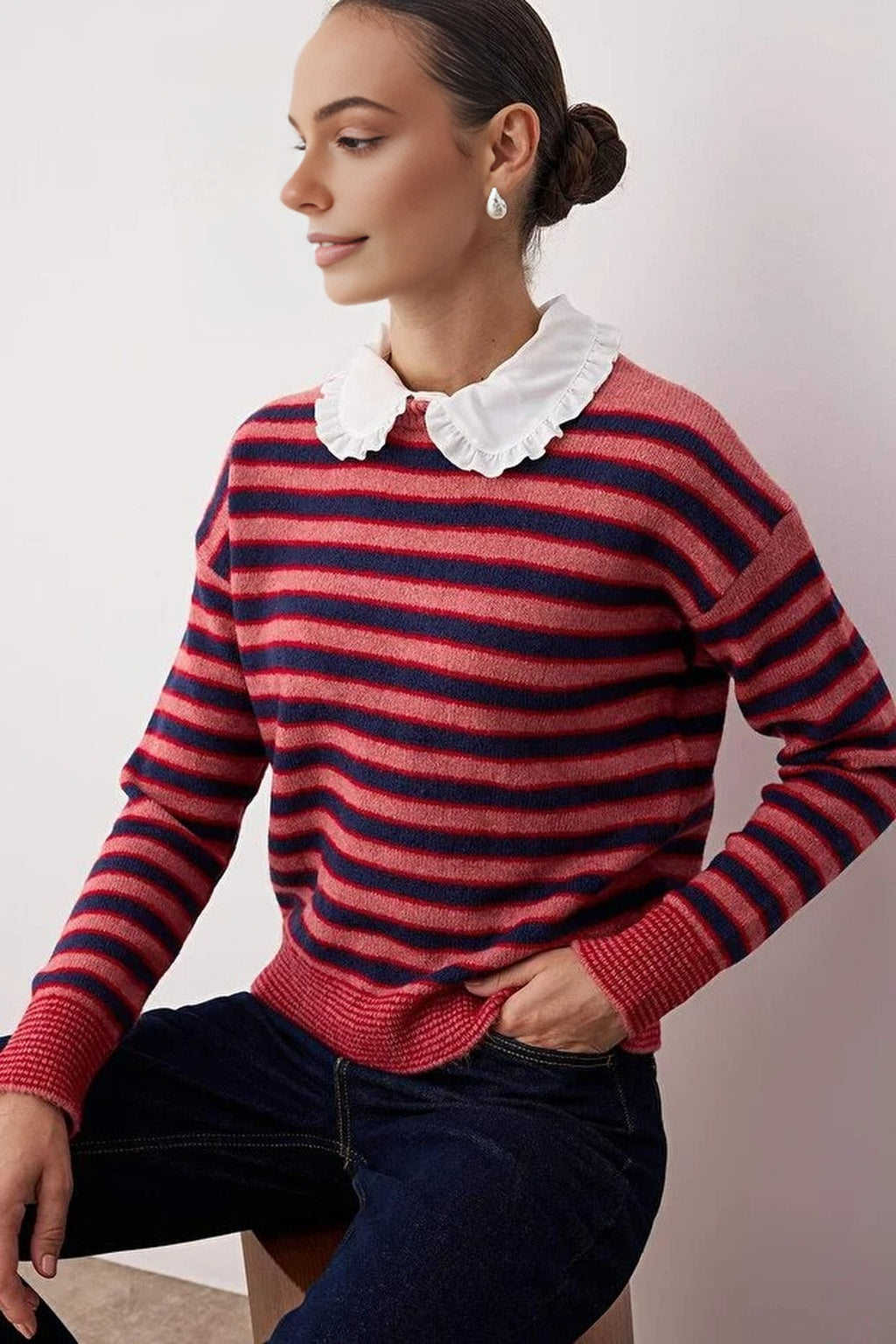 Detachable Collar Lace Trimmed Color Block Knit Sweater