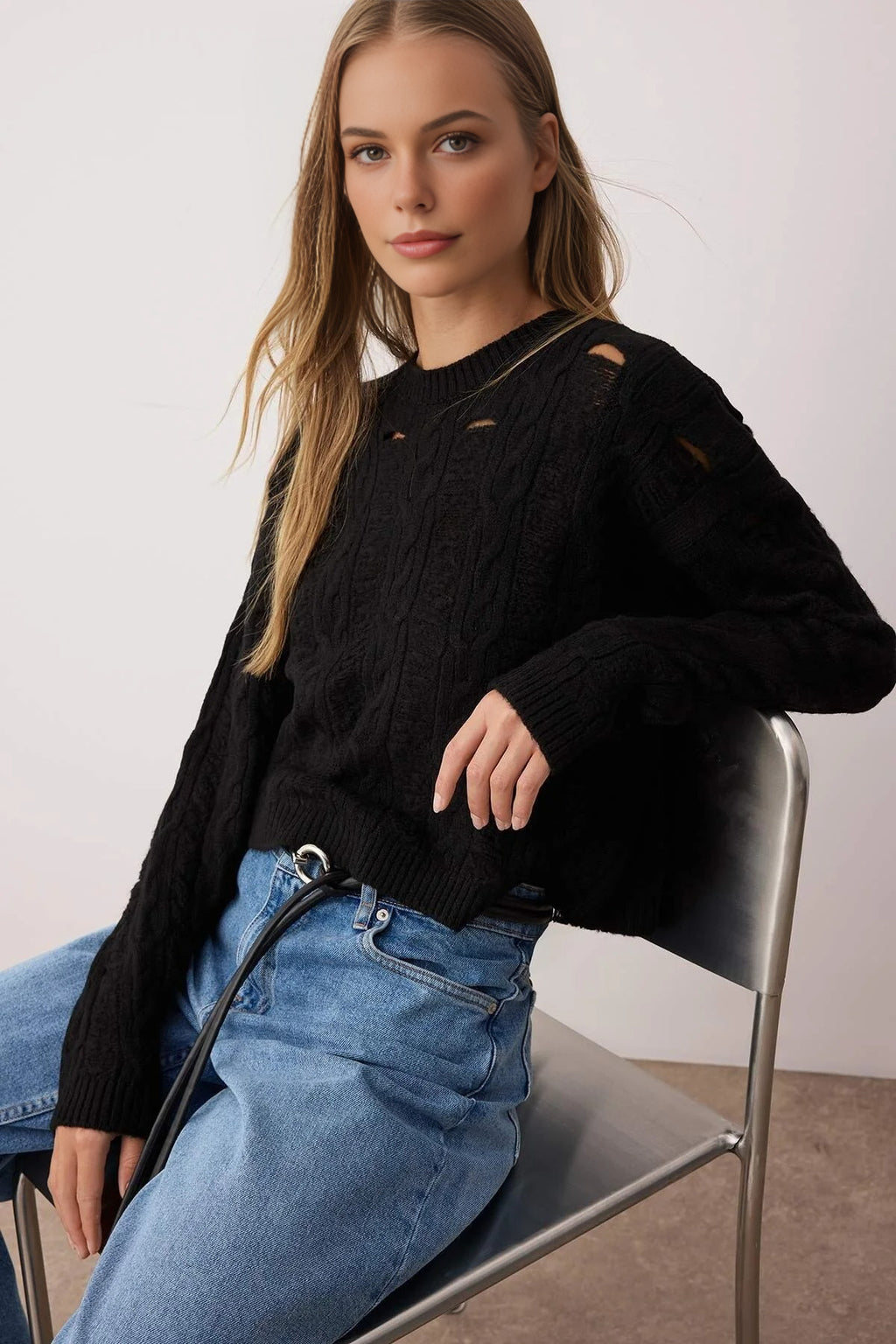 Soft Textured Loose Fit Openwork Knit Sweater