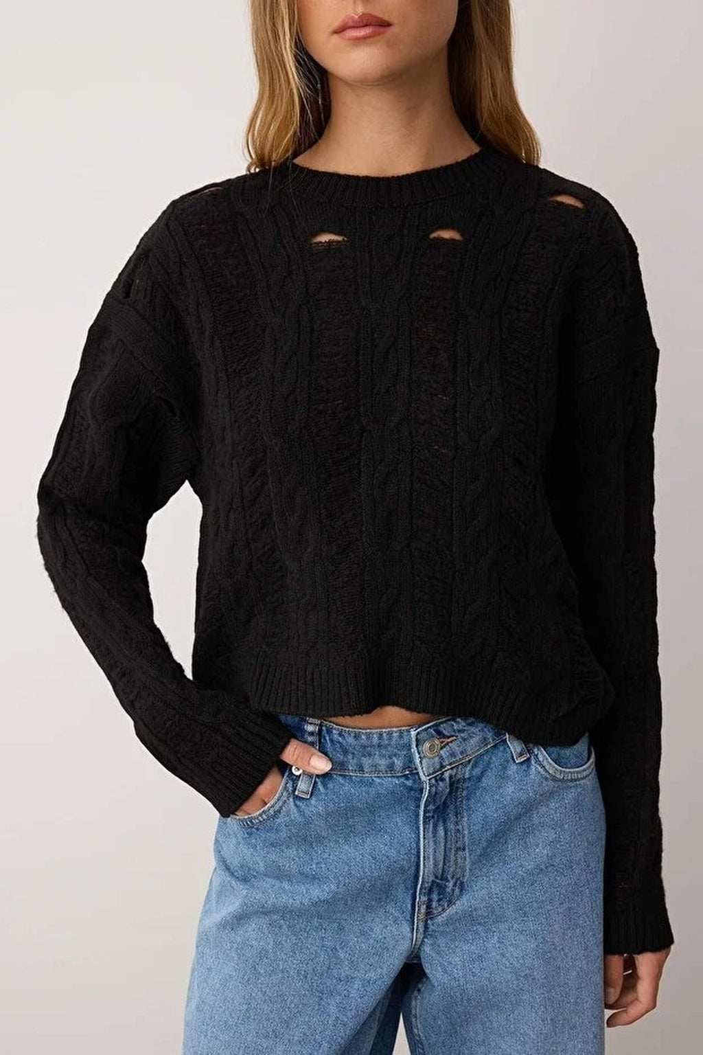 Soft Textured Loose Fit Openwork Knit Sweater