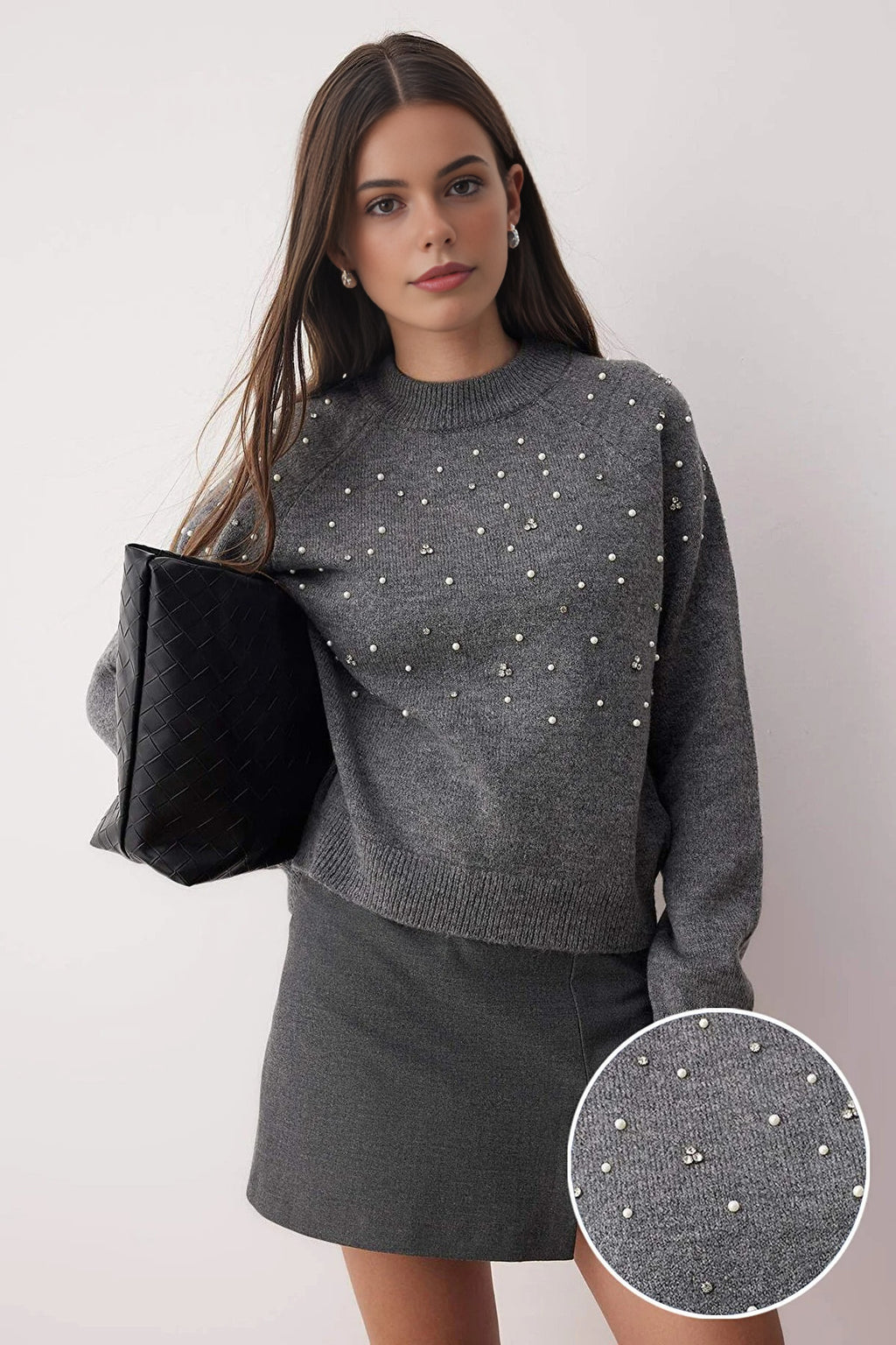 Soft Textured Knit Sweater with Stone and Pearl Details