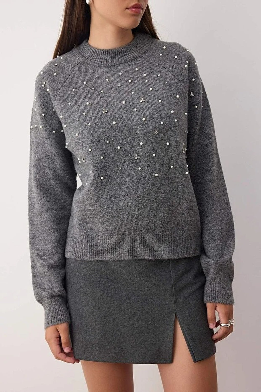 Soft Textured Knit Sweater with Stone and Pearl Details
