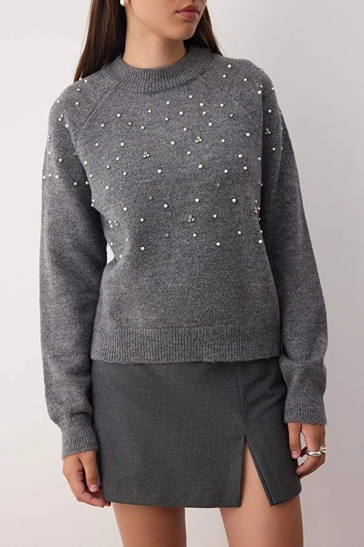 Soft Textured Knit Sweater with Stone and Pearl Details