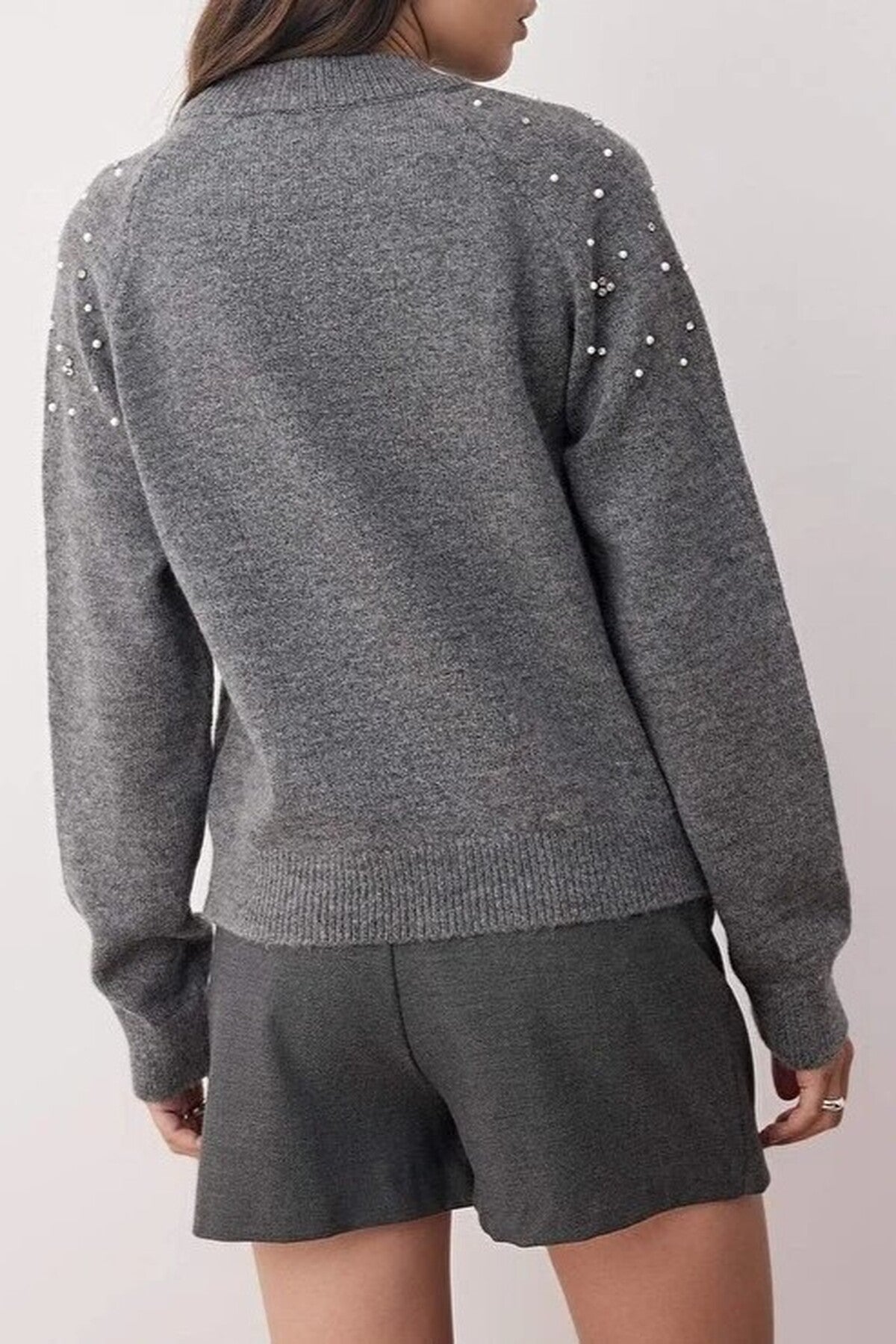 Soft Textured Knit Sweater with Stone and Pearl Details