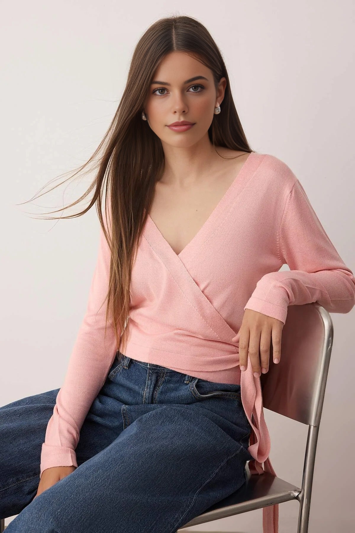 Wrap Neck Crop Top Thin Knit Sweater with Tie Detail
