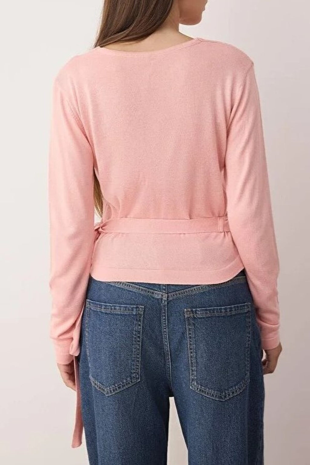 Wrap Neck Crop Top Thin Knit Sweater with Tie Detail