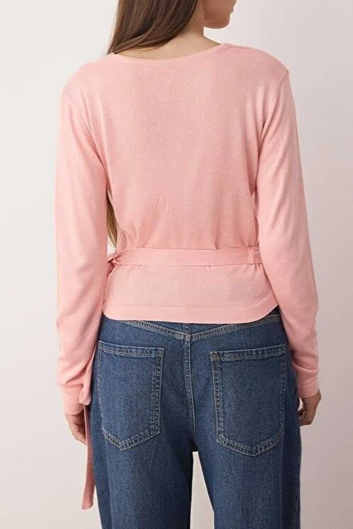 Wrap Neck Crop Top Thin Knit Sweater with Tie Detail