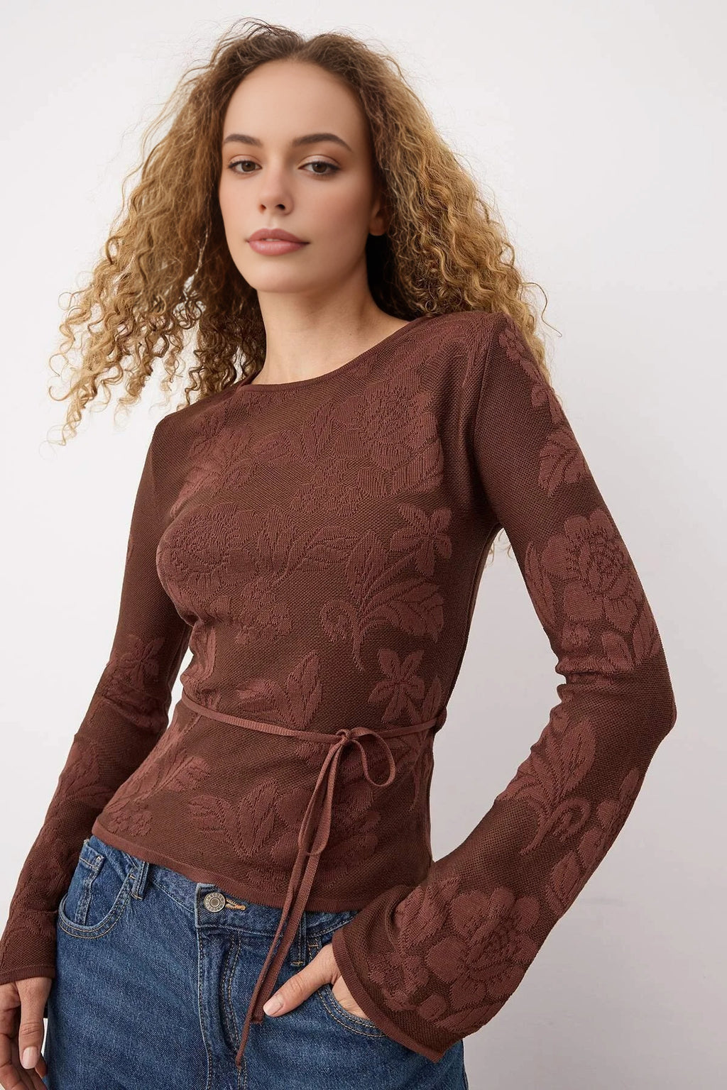 Mercerized Look Rose Pattern Textured Knit Sweater