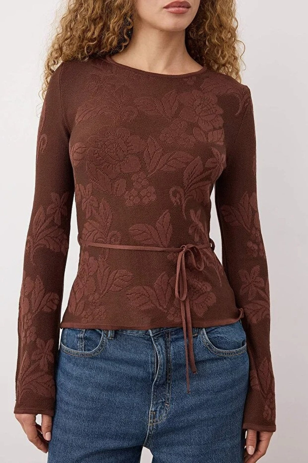 Mercerized Look Rose Pattern Textured Knit Sweater
