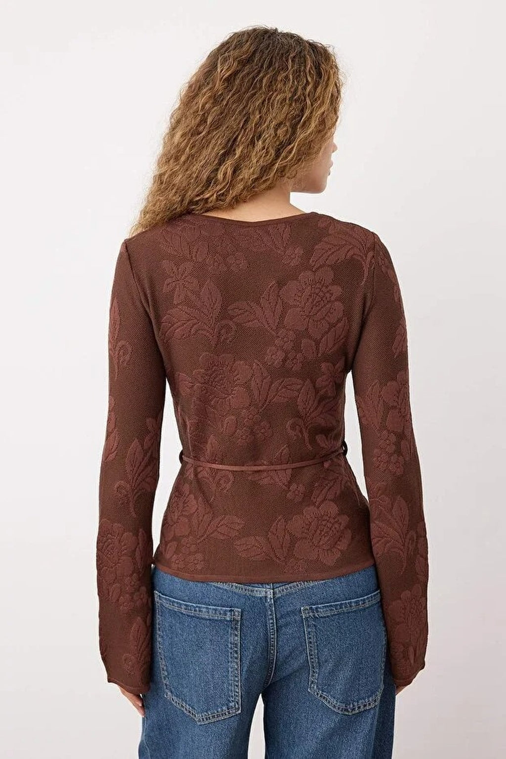 Mercerized Look Rose Pattern Textured Knit Sweater