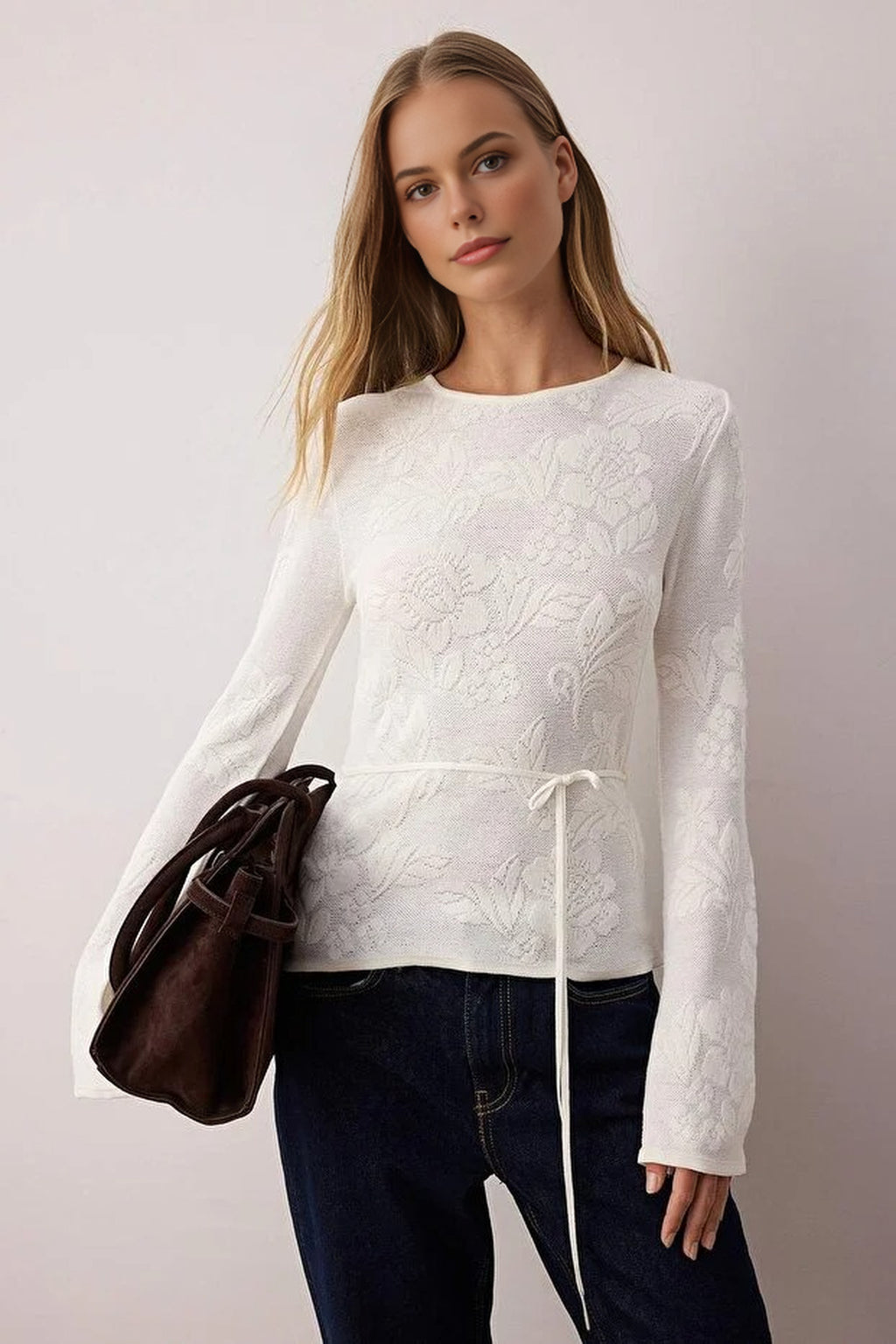 Mercerized Look Rose Pattern Textured Knit Sweater