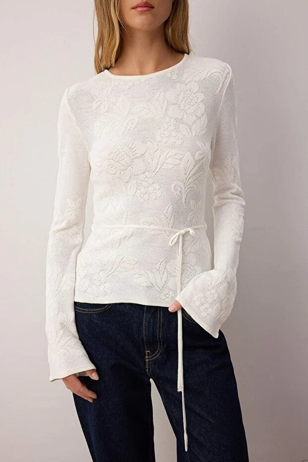 Mercerized Look Rose Pattern Textured Knit Sweater
