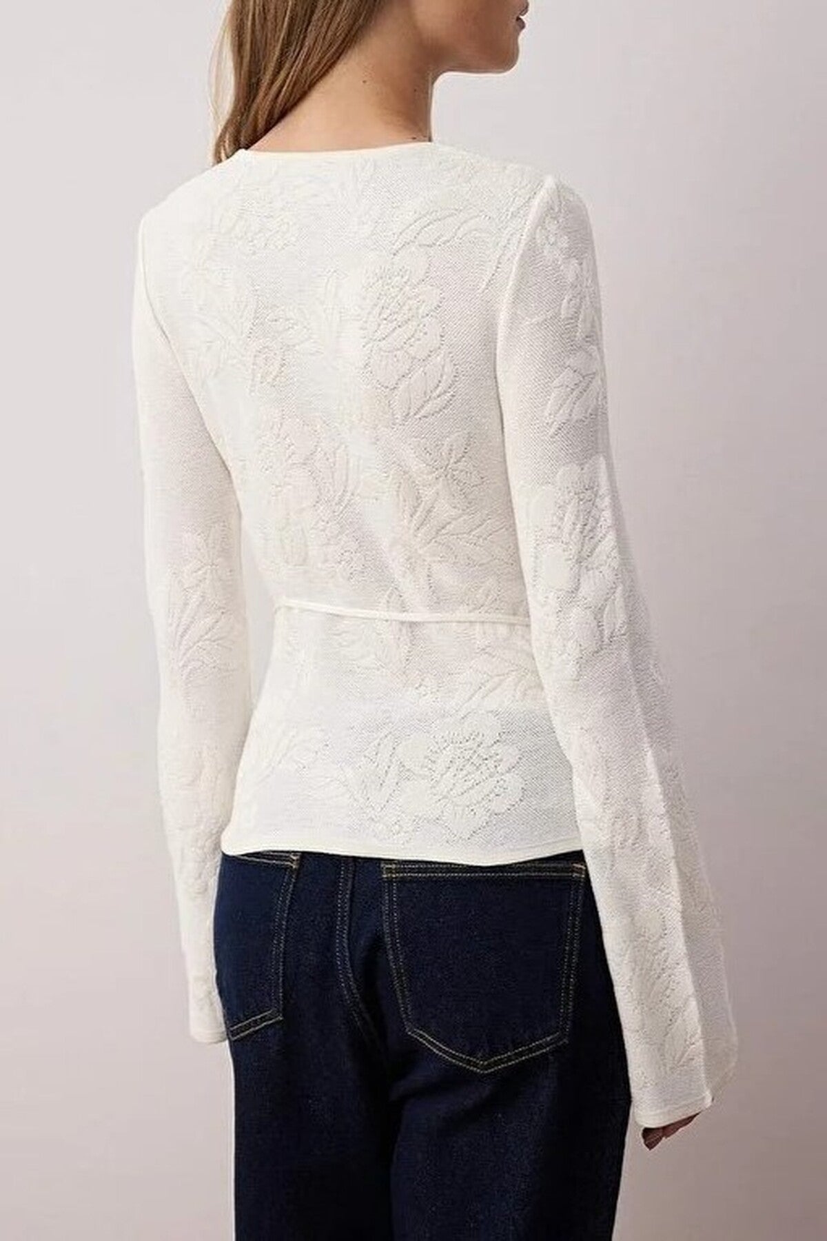 Mercerized Look Rose Pattern Textured Knit Sweater