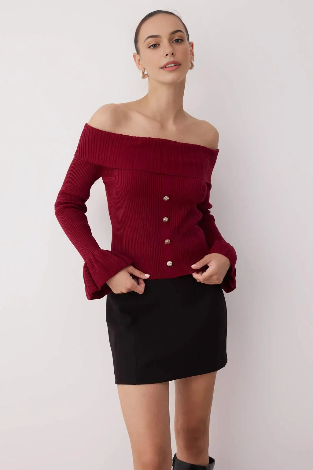 Fitted Carmen Collar Ribbed Knitwear Sweater