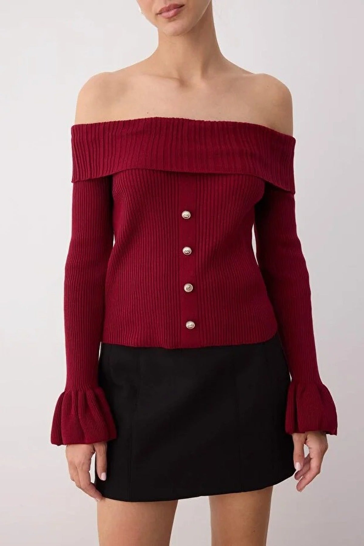 Fitted Carmen Collar Ribbed Knitwear Sweater