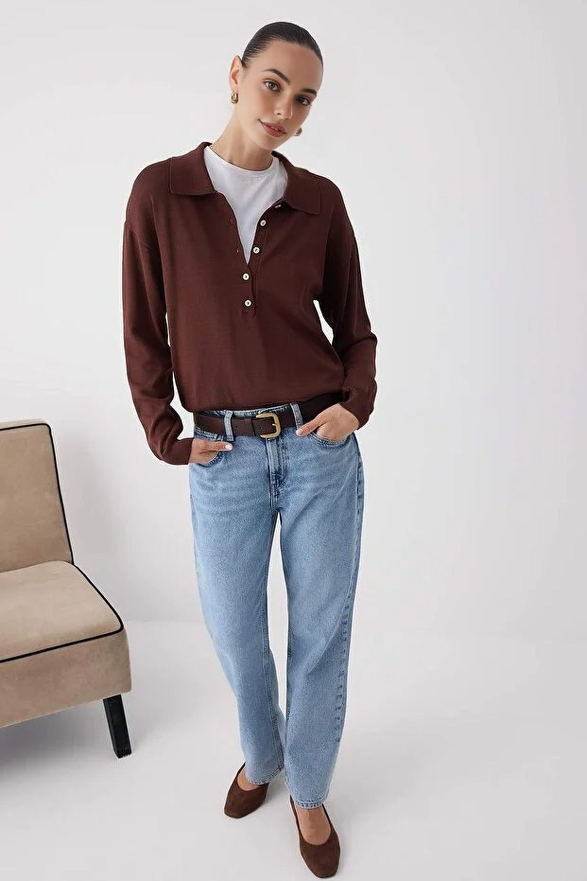 Mercerized Look Polo Collar Knit Sweater