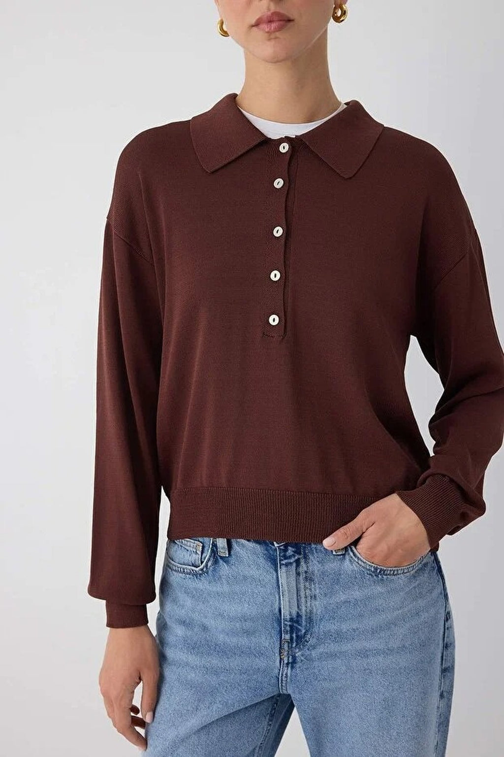 Mercerized Look Polo Collar Knit Sweater