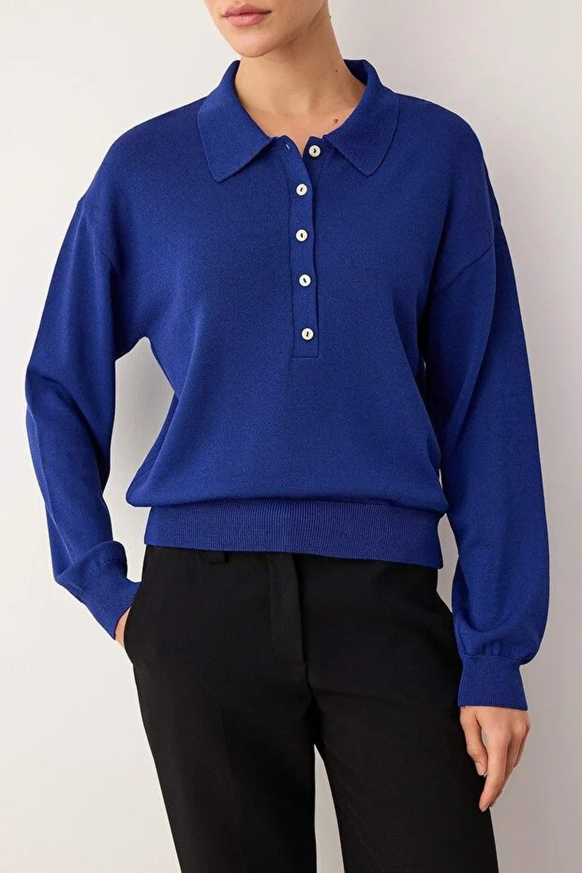 Mercerized Look Polo Collar Knit Sweater