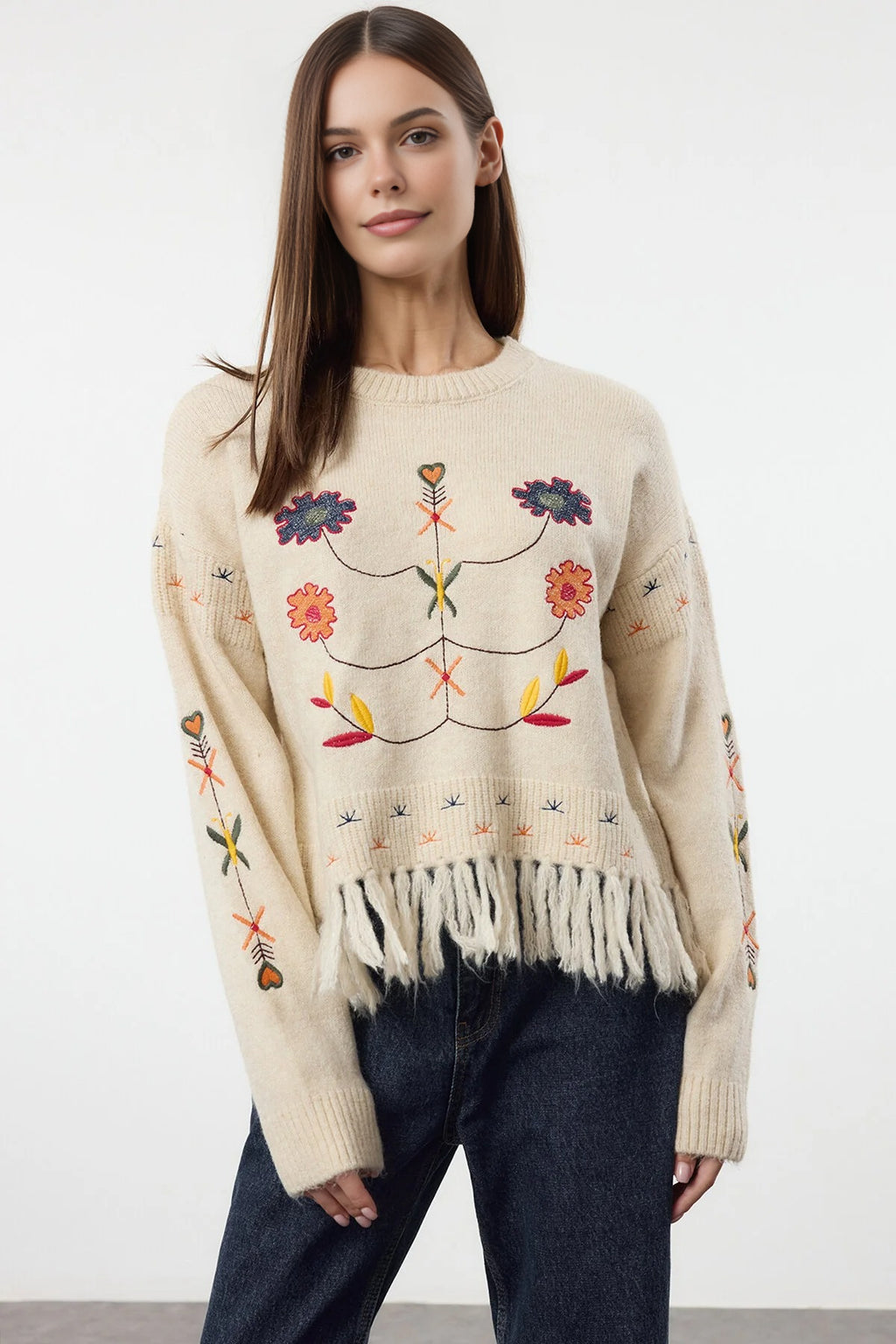 Soft Textured Tassel Embroidered Knit Sweater