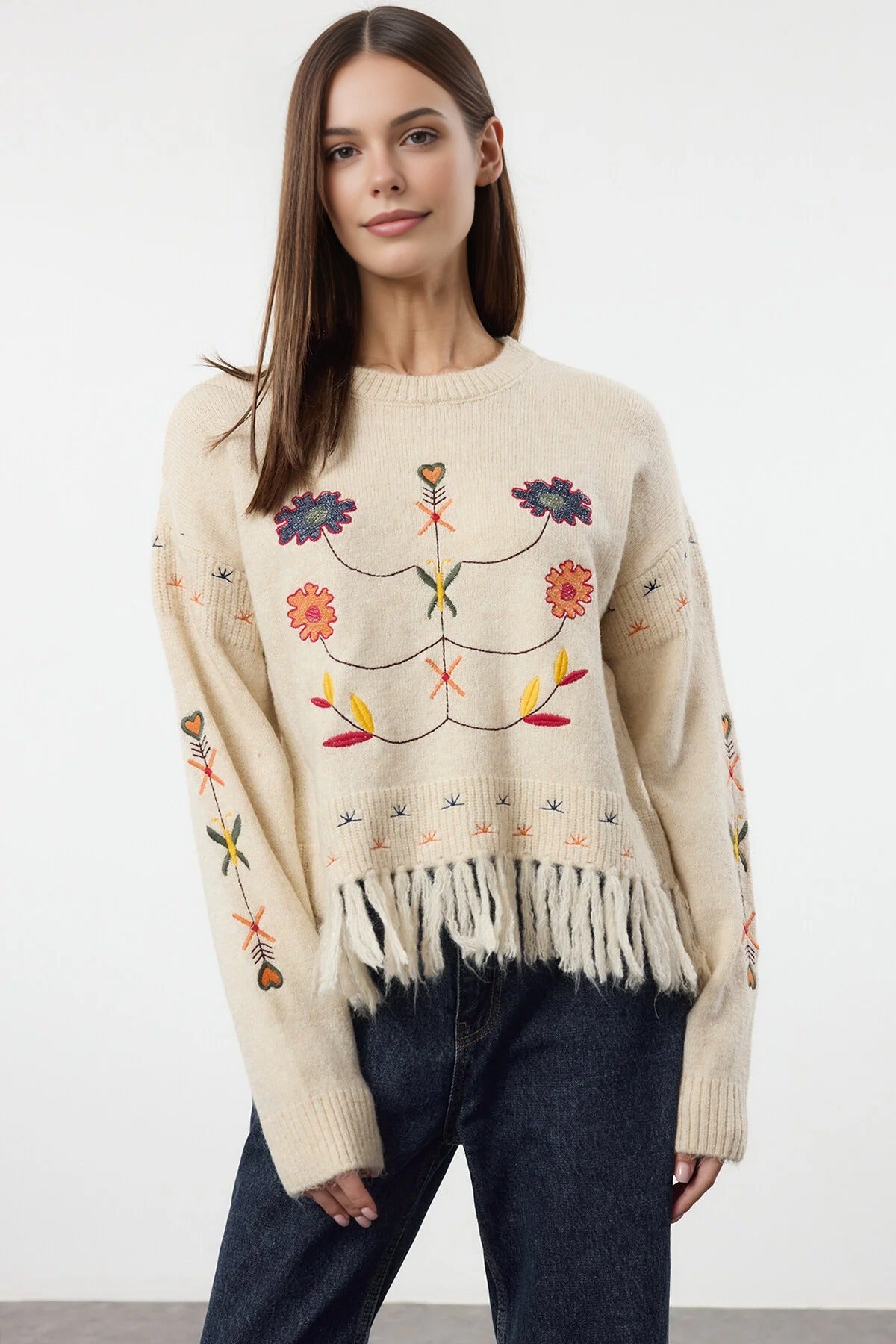 Soft Textured Tassel Embroidered Knit Sweater
