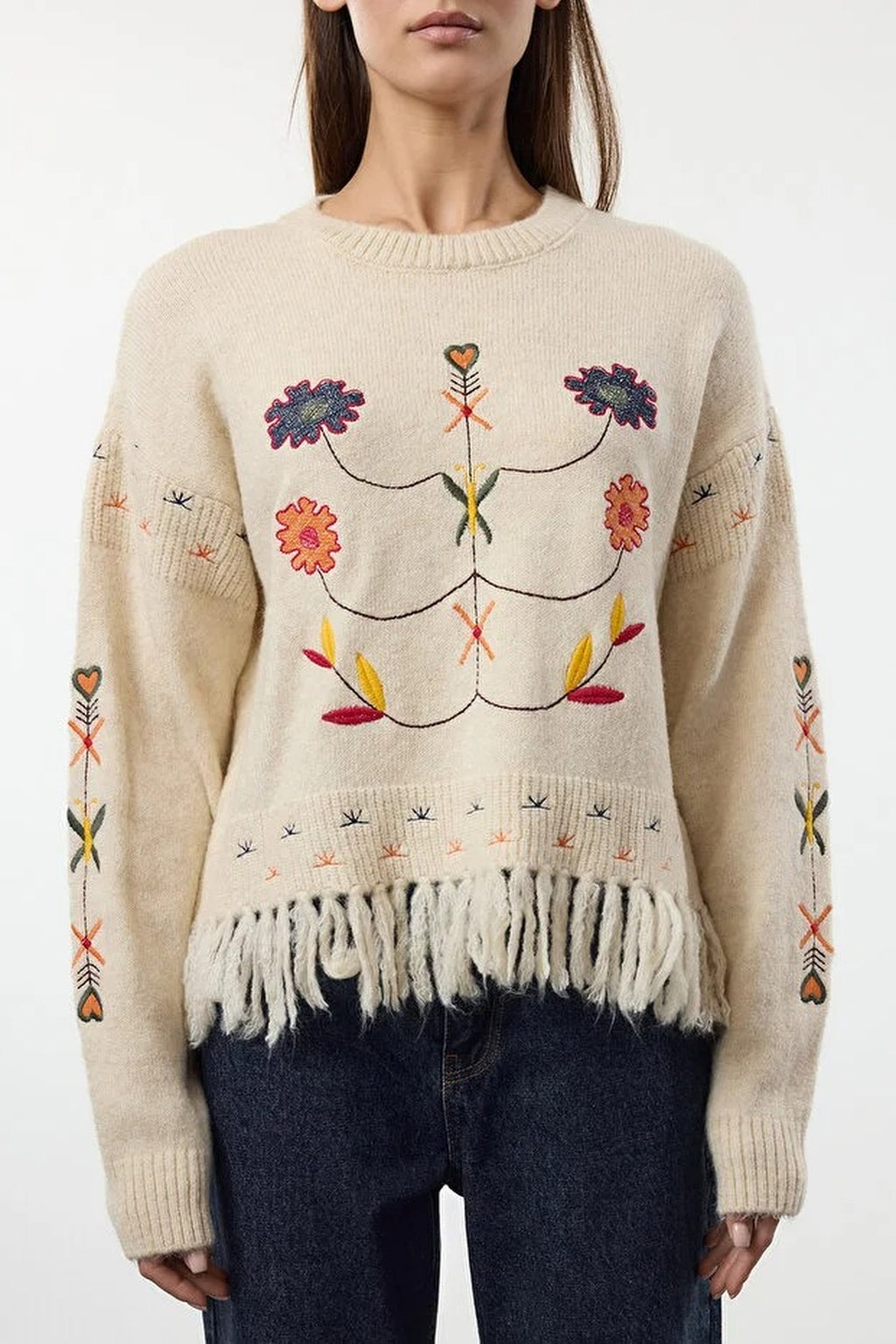 Soft Textured Tassel Embroidered Knit Sweater