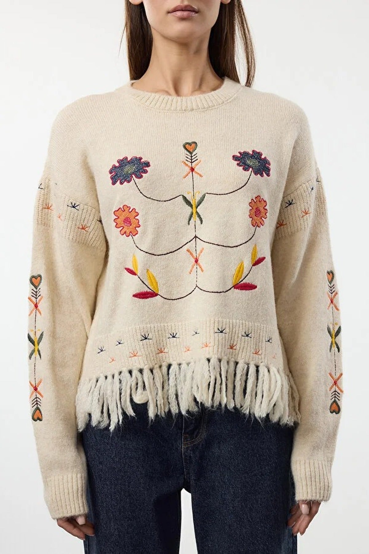 Soft Textured Tassel Embroidered Knit Sweater