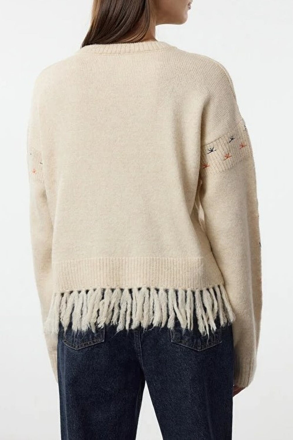 Soft Textured Tassel Embroidered Knit Sweater
