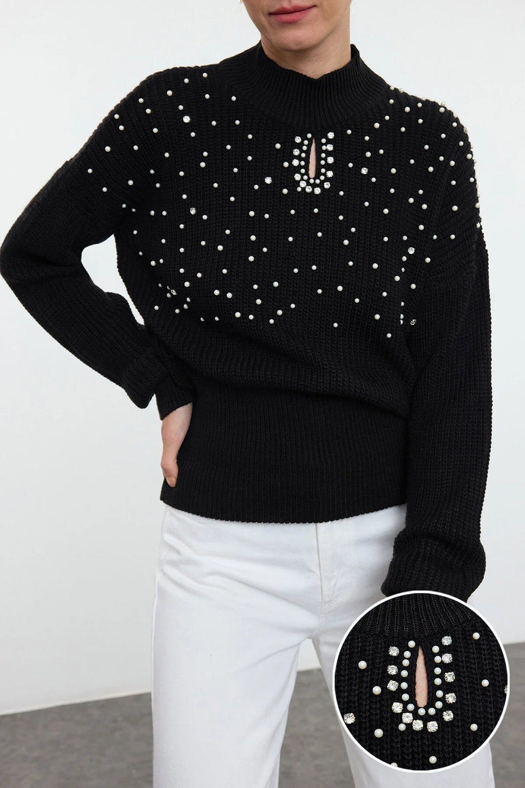 Stone and Pearl Detailed Knitted Sweater