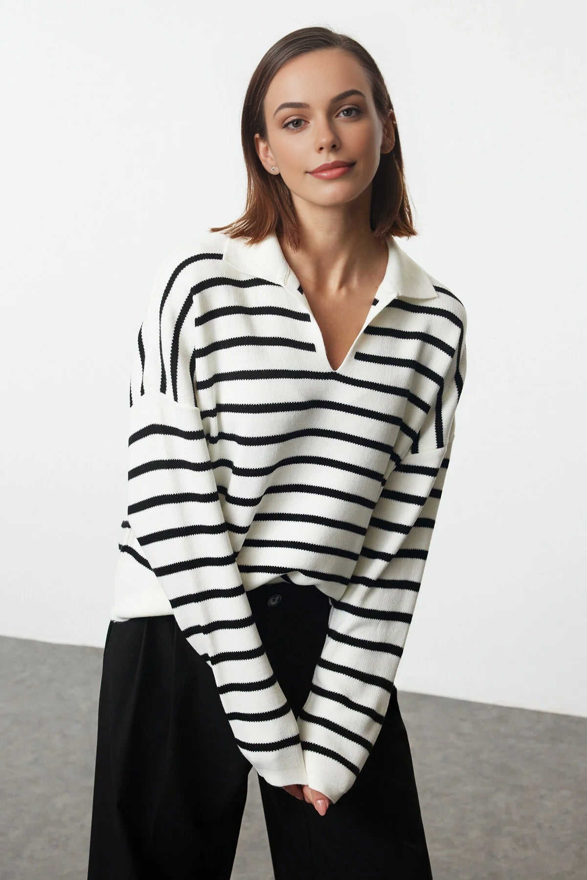 Polo Collar Striped Knit Sweater