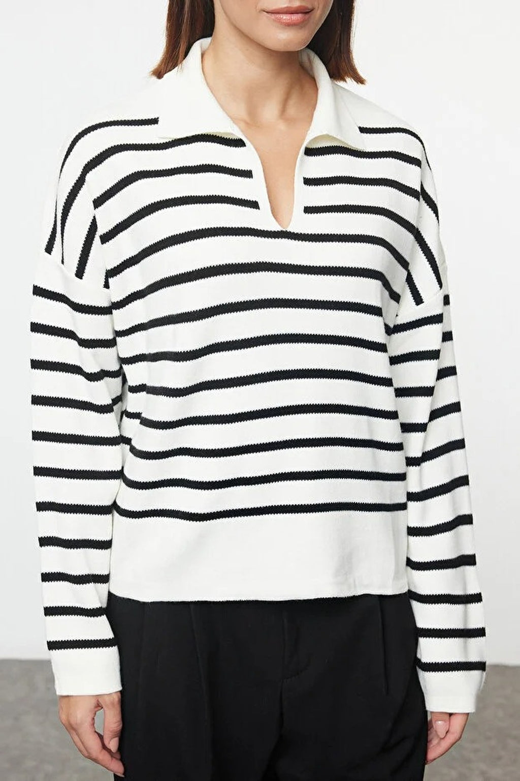 Polo Collar Striped Knit Sweater