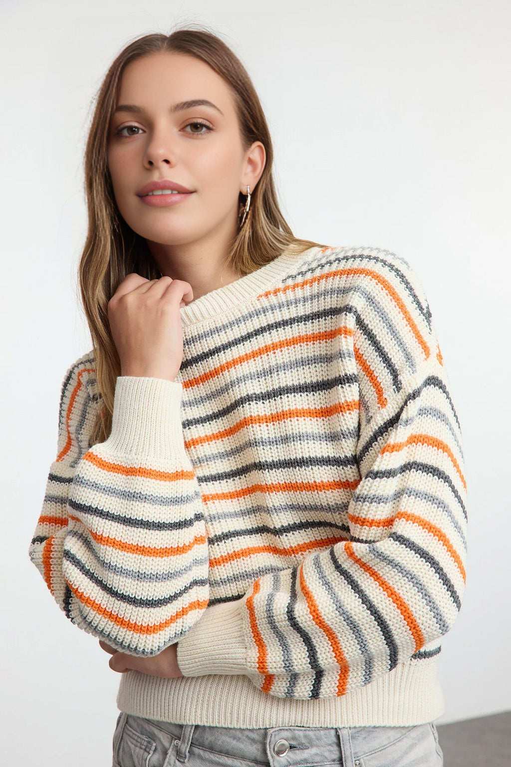 Striped Soft Textured Color Blocking Knit Sweater