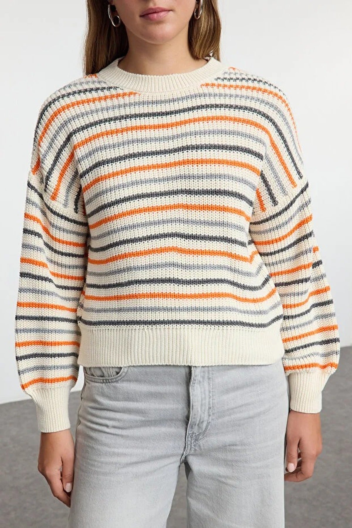 Striped Soft Textured Color Blocking Knit Sweater