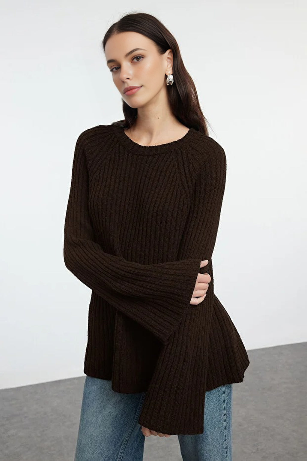Loose Fit Cotton Knit Sweater with Peplum Detail