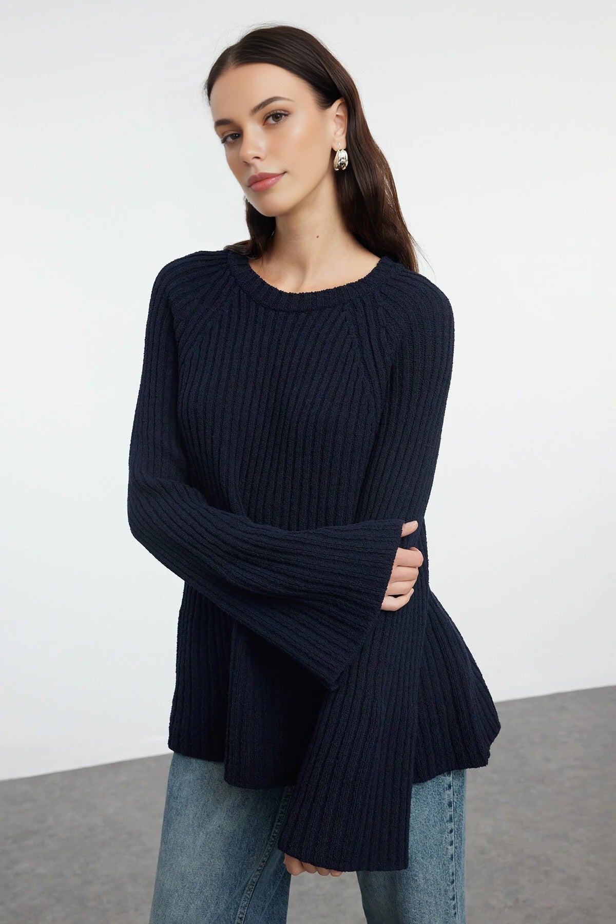 Loose Fit Cotton Knit Sweater with Peplum Detail