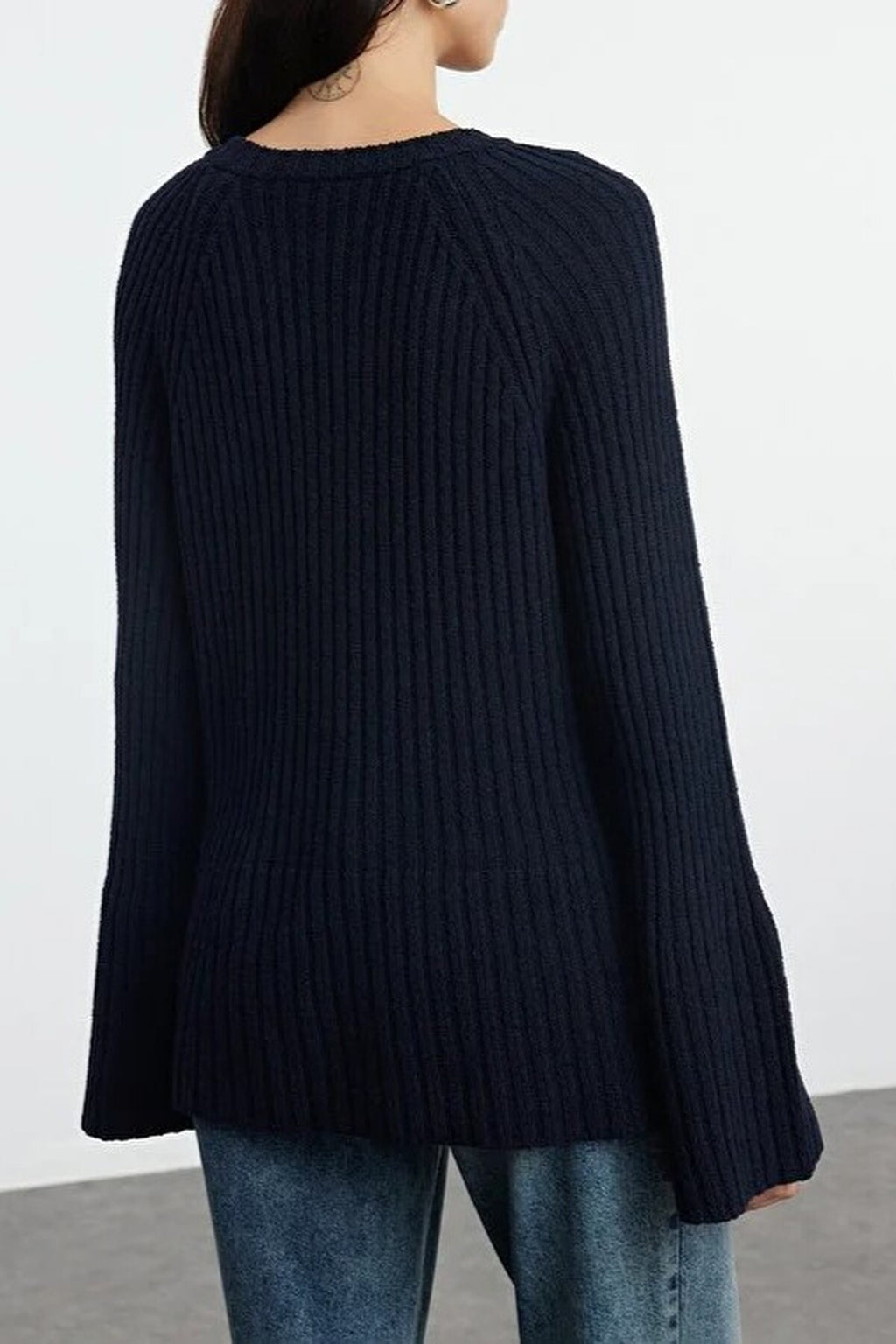 Loose Fit Cotton Knit Sweater with Peplum Detail