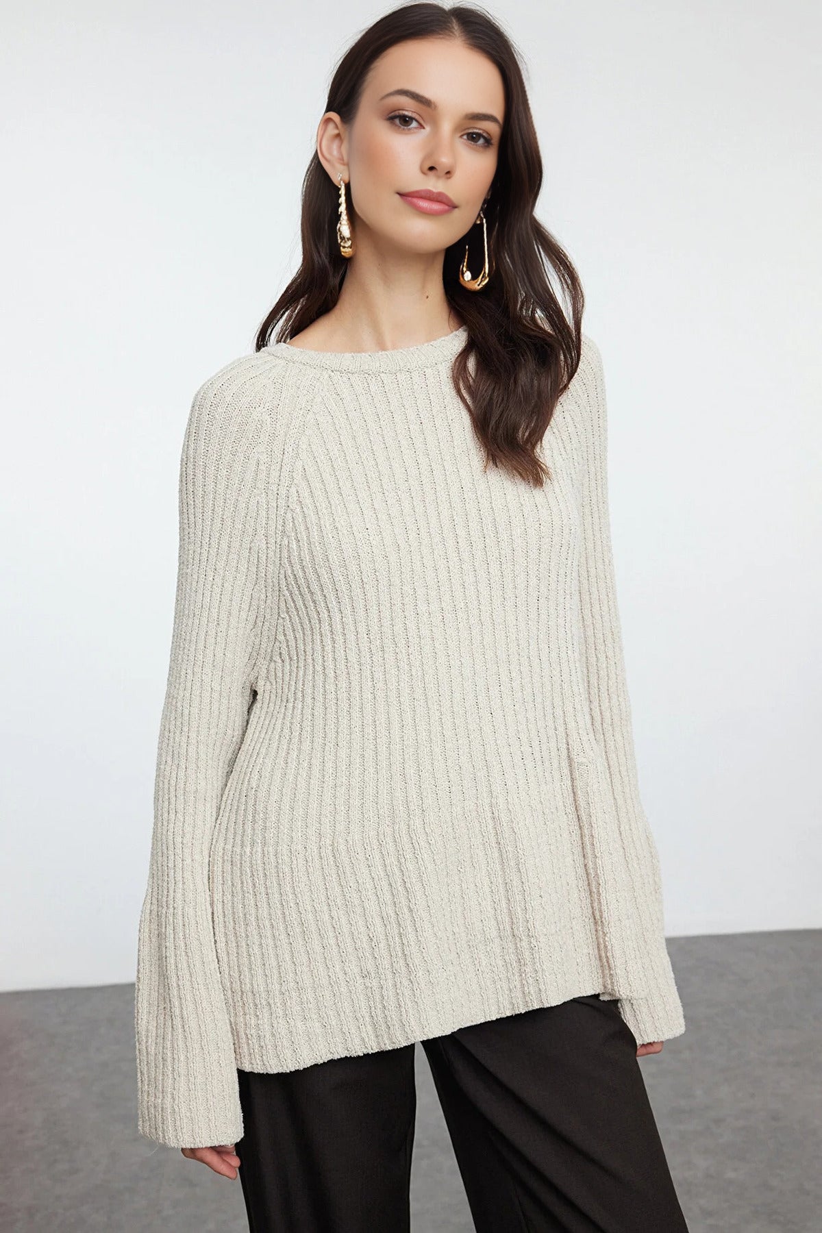 Loose Fit Cotton Knit Sweater with Peplum Detail