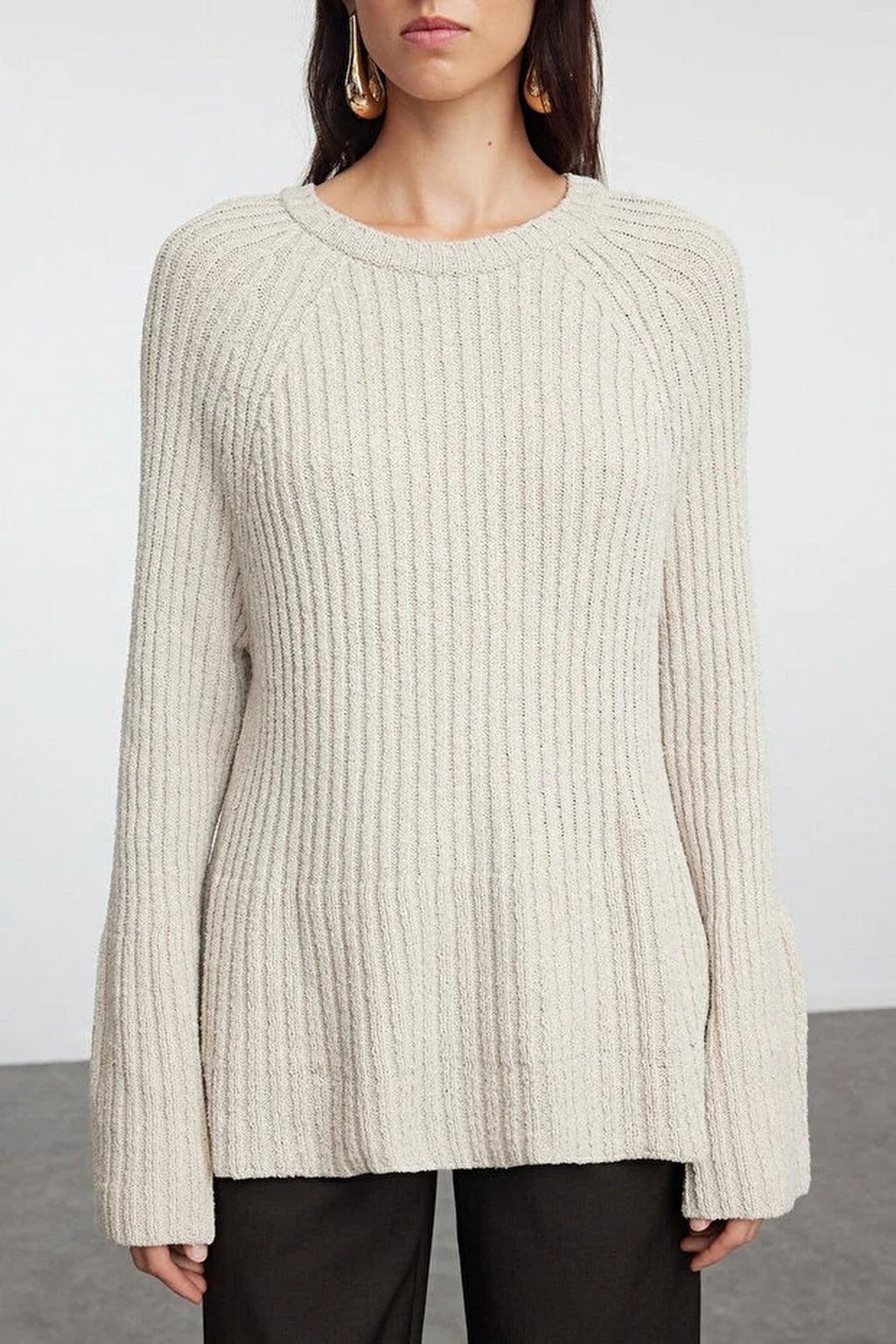 Loose Fit Cotton Knit Sweater with Peplum Detail