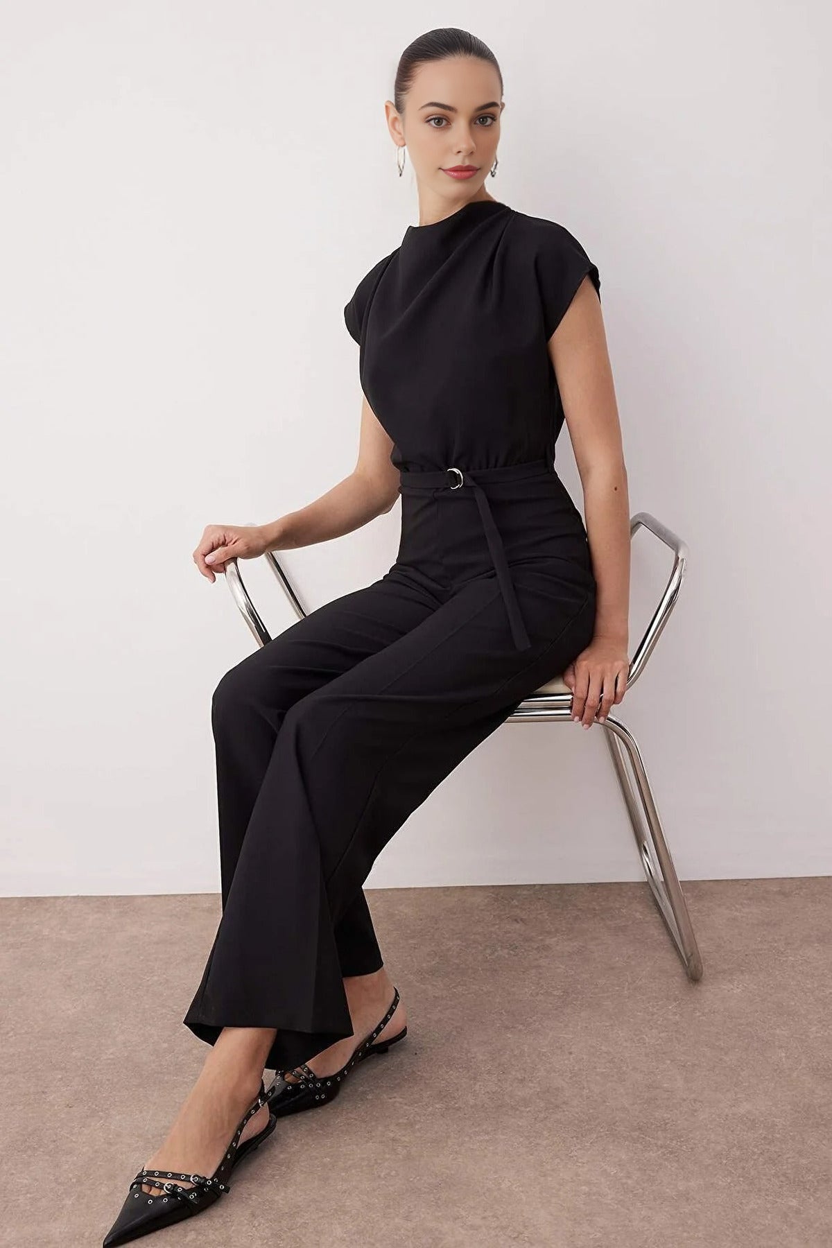 Wide Leg Cowl Neck Jumpsuit with Belt Detail