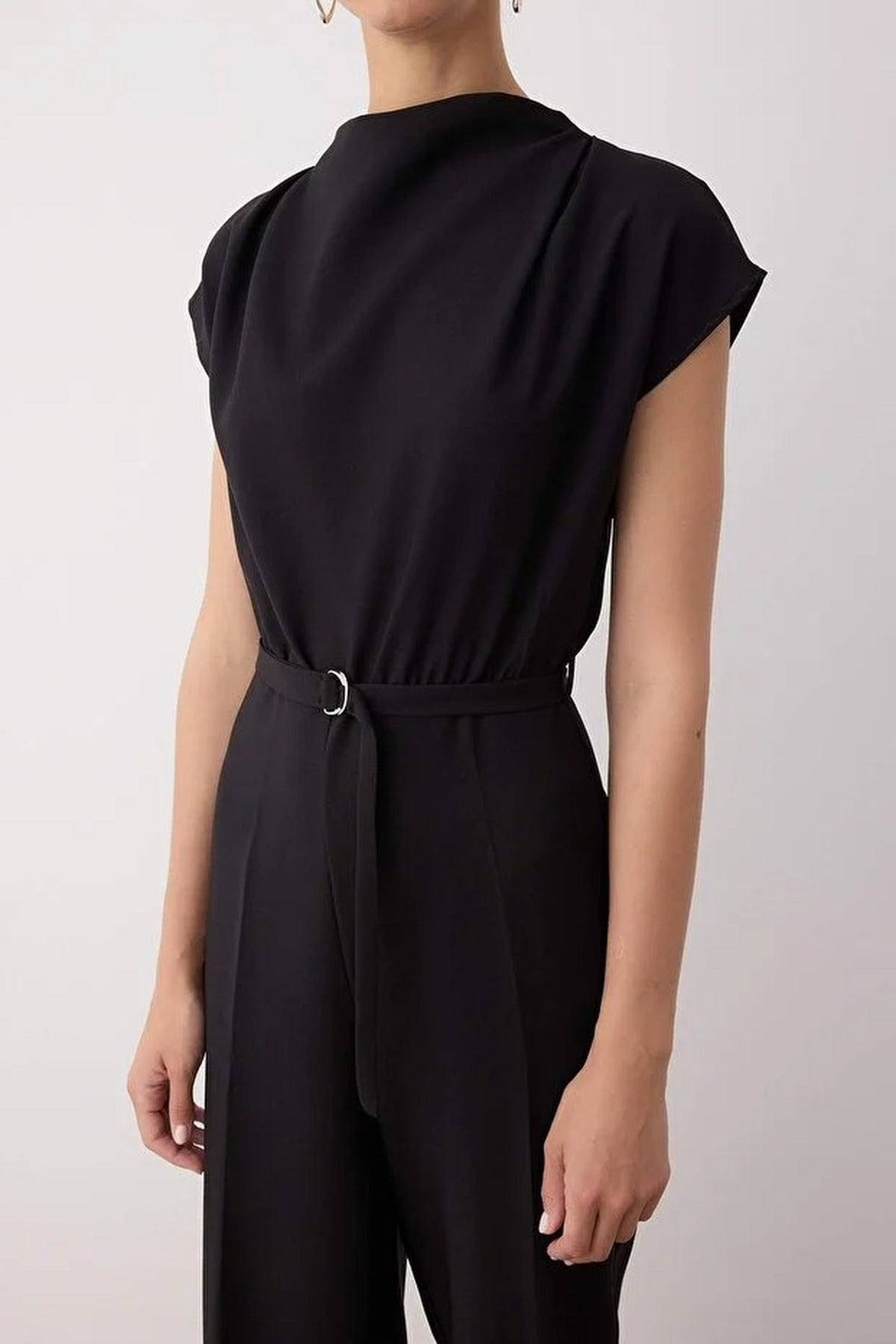 Wide Leg Cowl Neck Jumpsuit with Belt Detail