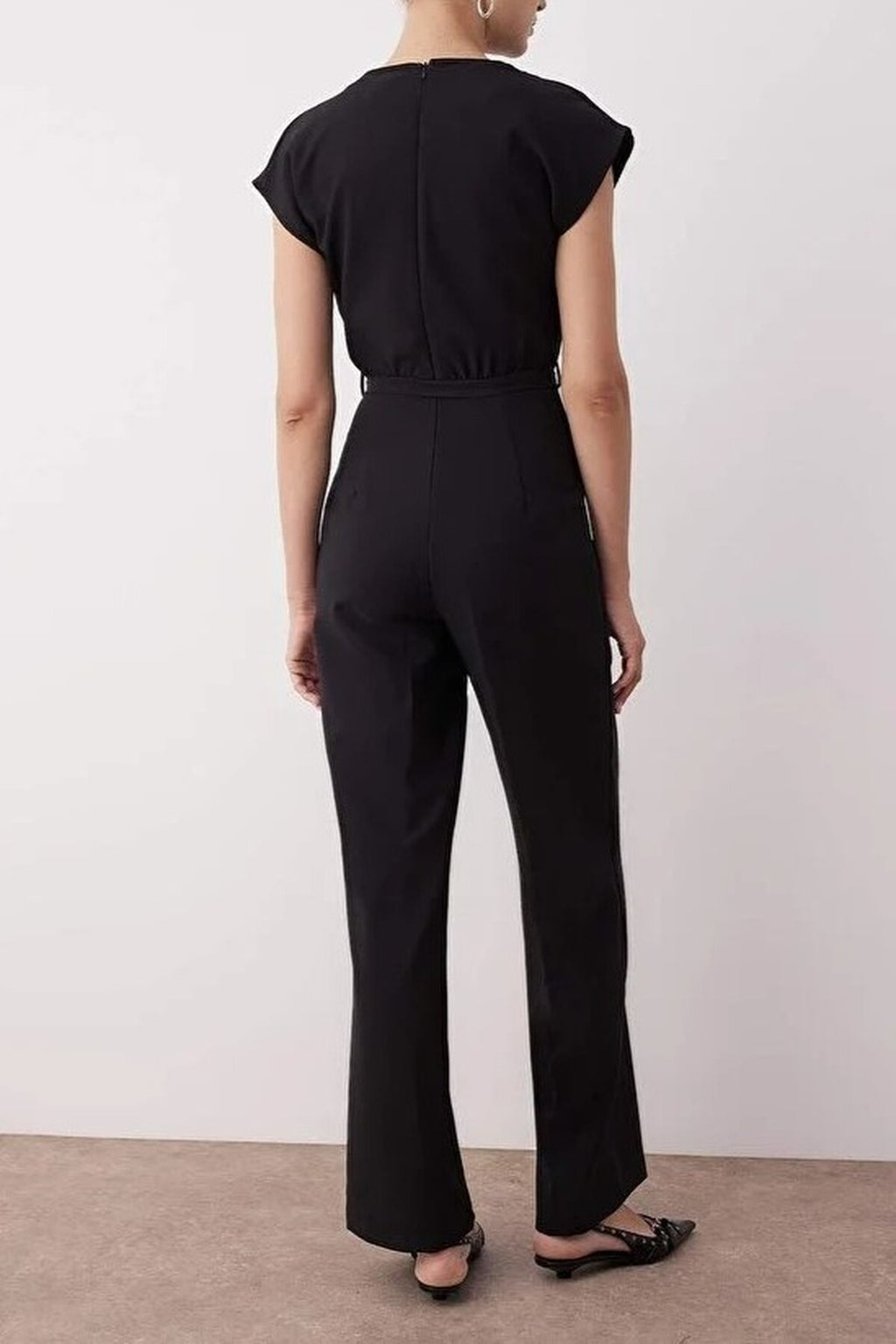 Wide Leg Cowl Neck Jumpsuit with Belt Detail
