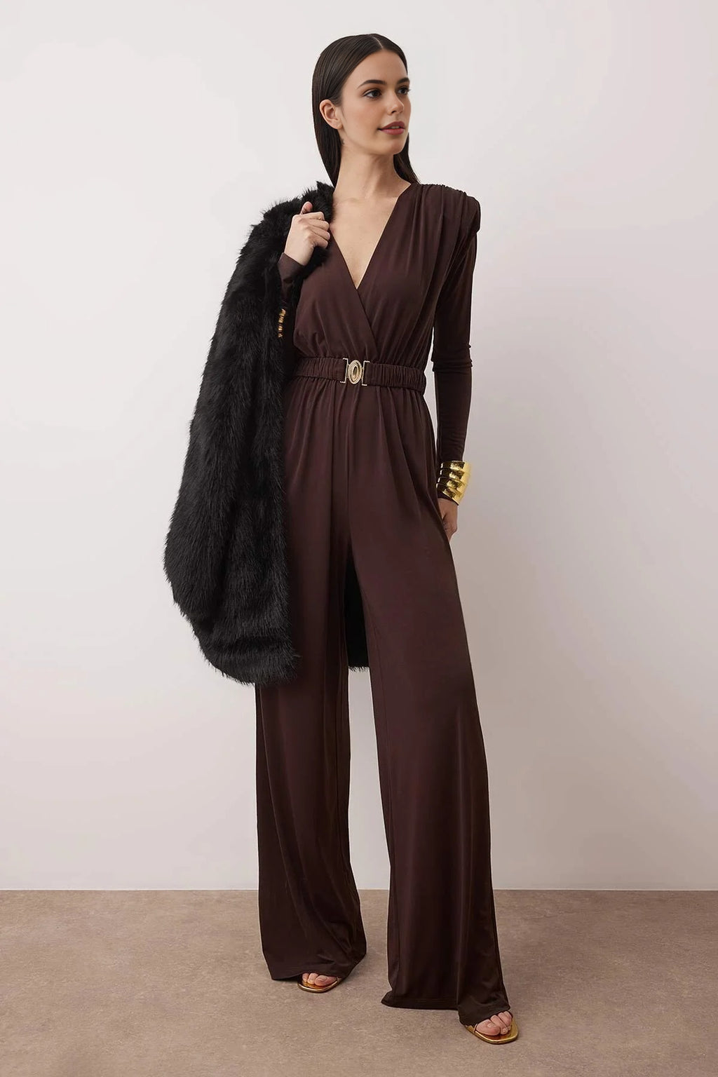 Double-Breasted Padded Knit Night Jumpsuit with Belt Detail
