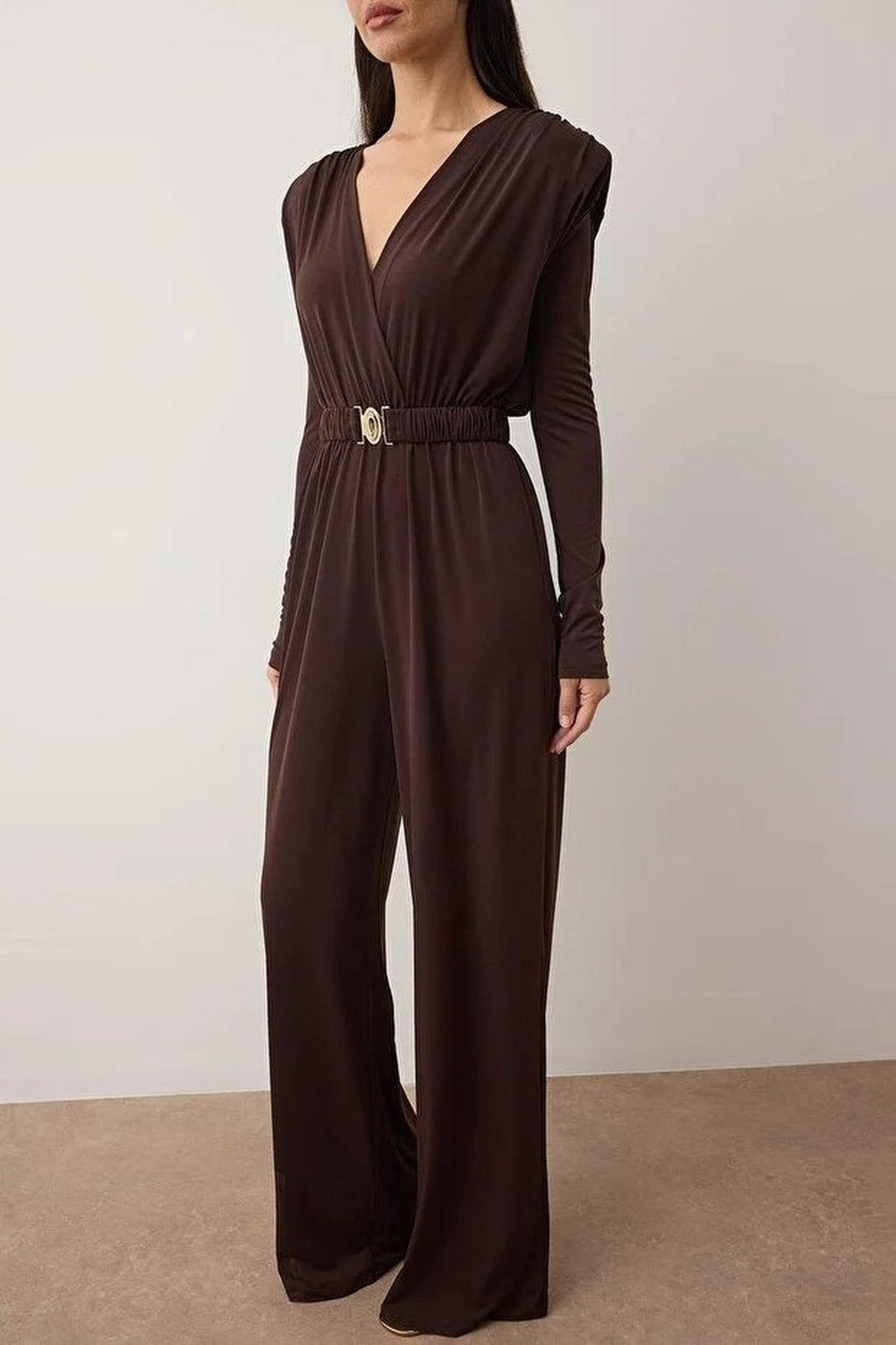 Double-Breasted Padded Knit Night Jumpsuit with Belt Detail