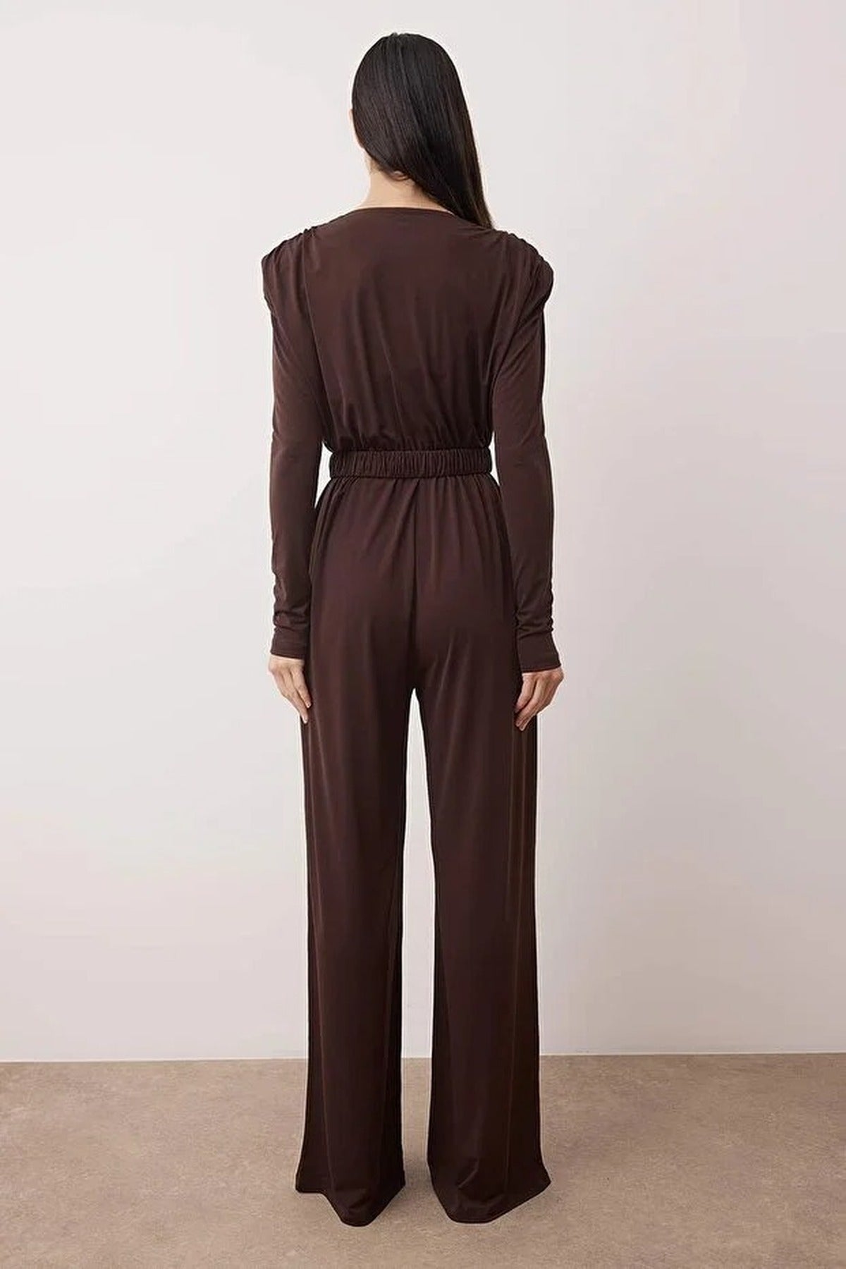 Double-Breasted Padded Knit Night Jumpsuit with Belt Detail