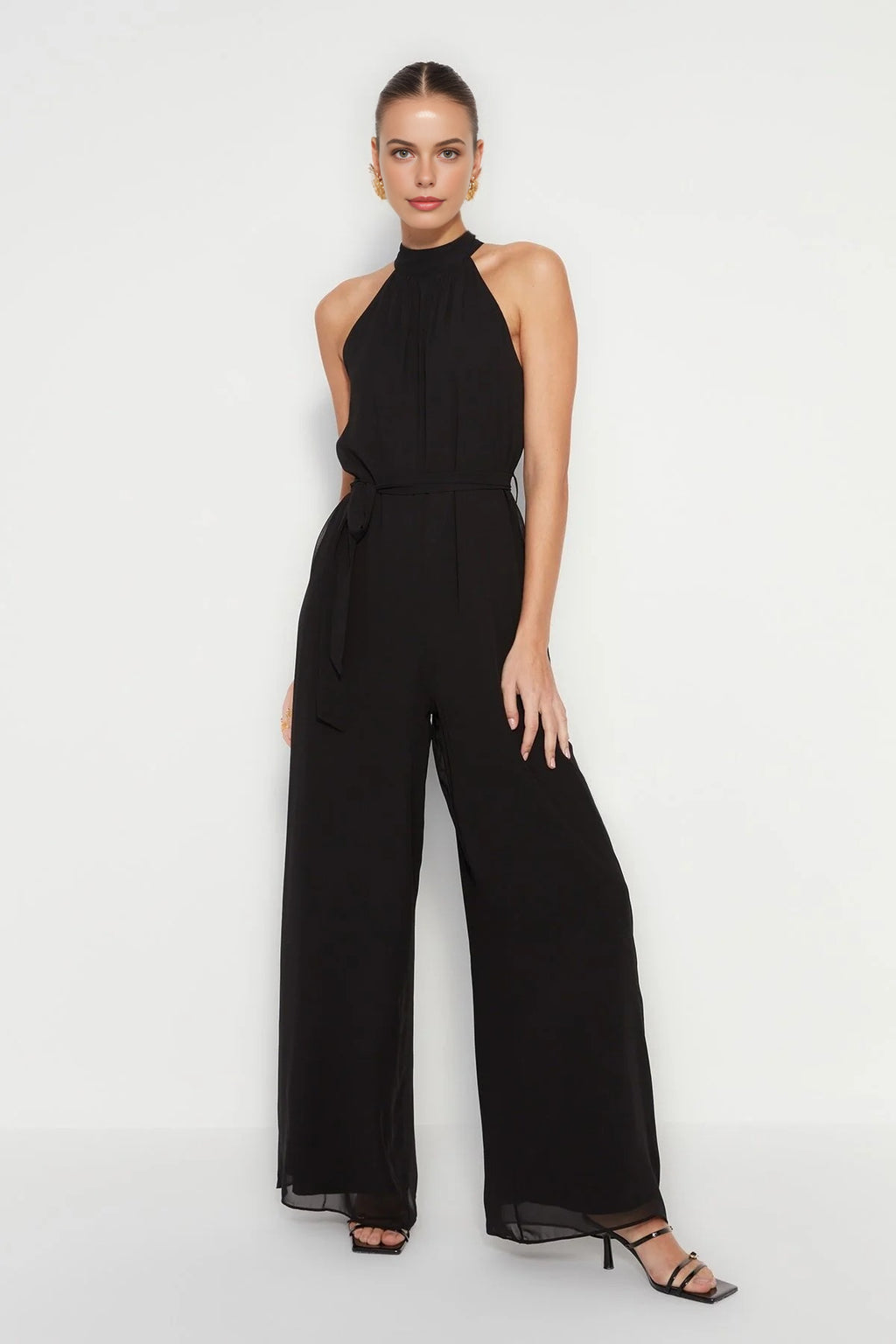 Belted Maxi Chiffon Lined Woven Jumpsuit