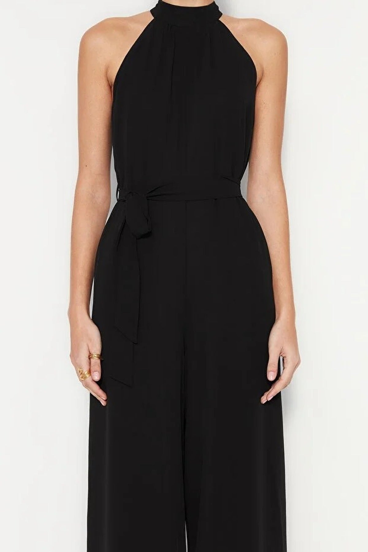 Belted Maxi Chiffon Lined Woven Jumpsuit