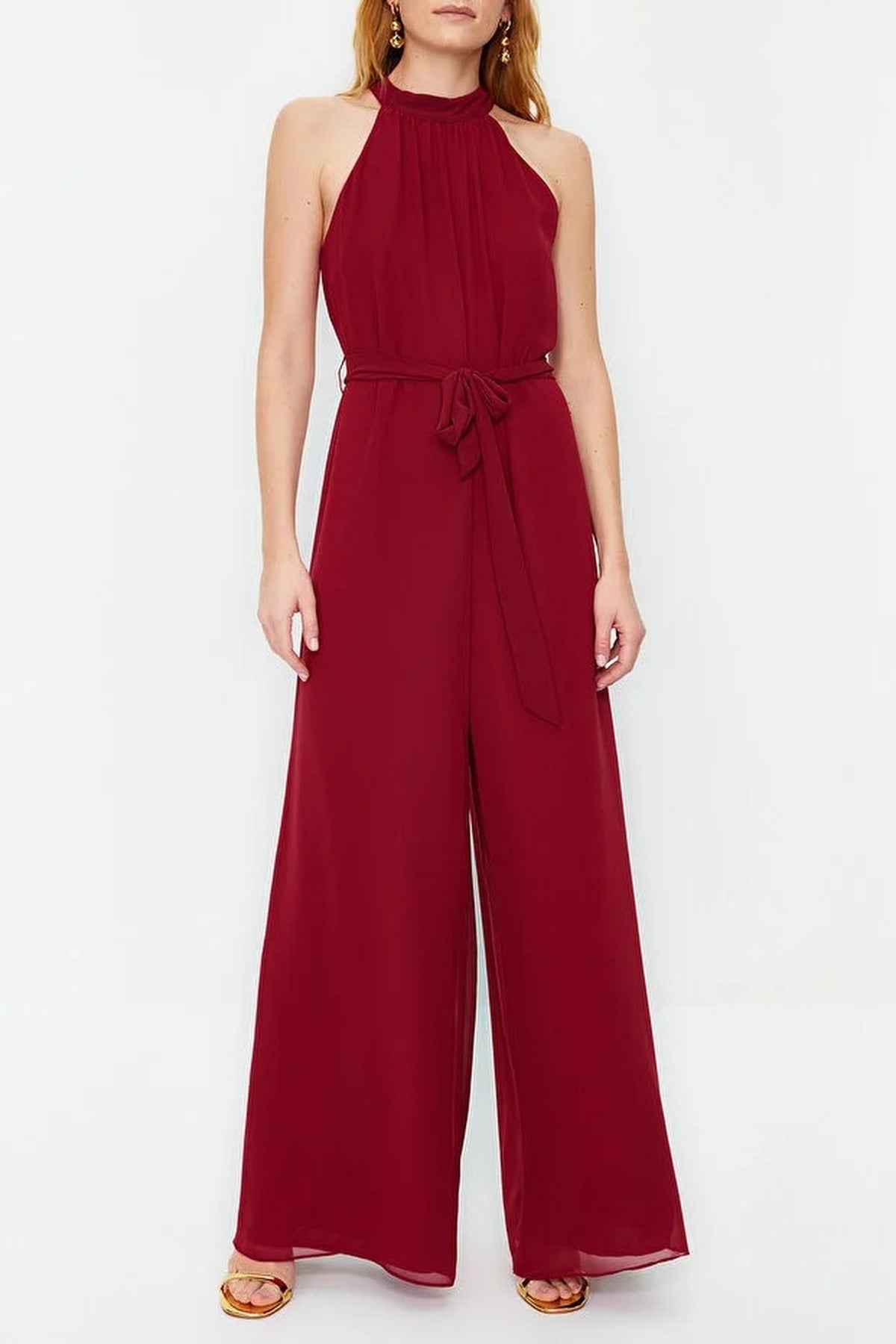 Belted Maxi Chiffon Lined Woven Jumpsuit