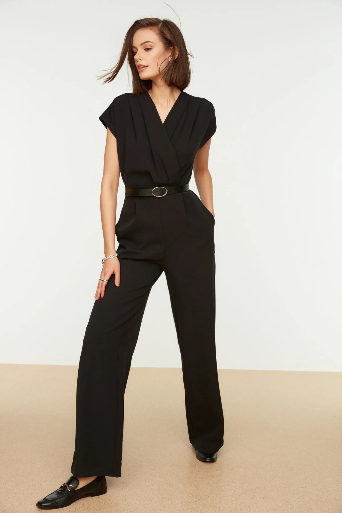 Wrap-Neck Wide-Leg Woven Jumpsuit with Belt